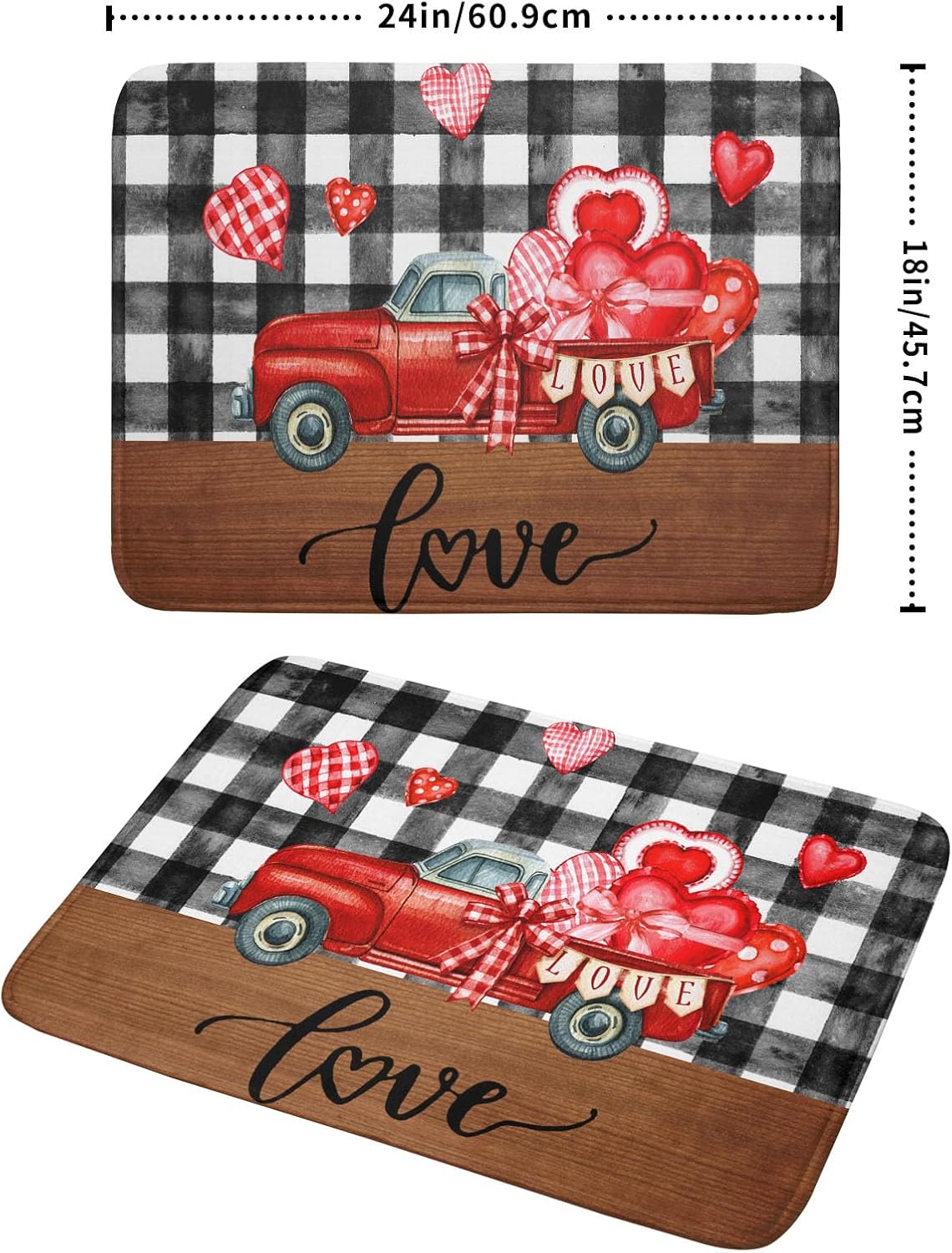 Valentine's Day Red Heart Truck Dish Drying Mat for Kitchen Counter,Black White Buffalo Plaid Love Drying Mat 18 x 24 Inch with Absorbent Reversible Microfiber Dish Drying Pad for Coffee Bar