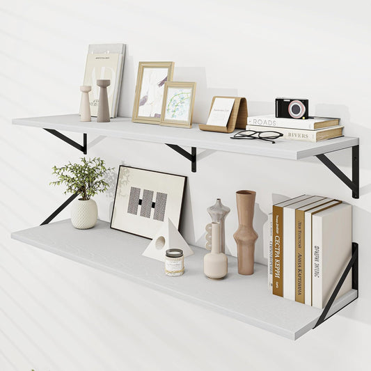 Dreamland Floating Shelves for Wall, 12 Inch Deep Floating Shelves Set of 2, 48W x 12D Large Wall Shelf with Sturdy Metal Brackets for Living Room, Bathroom, Bedroom and Kitchen, White