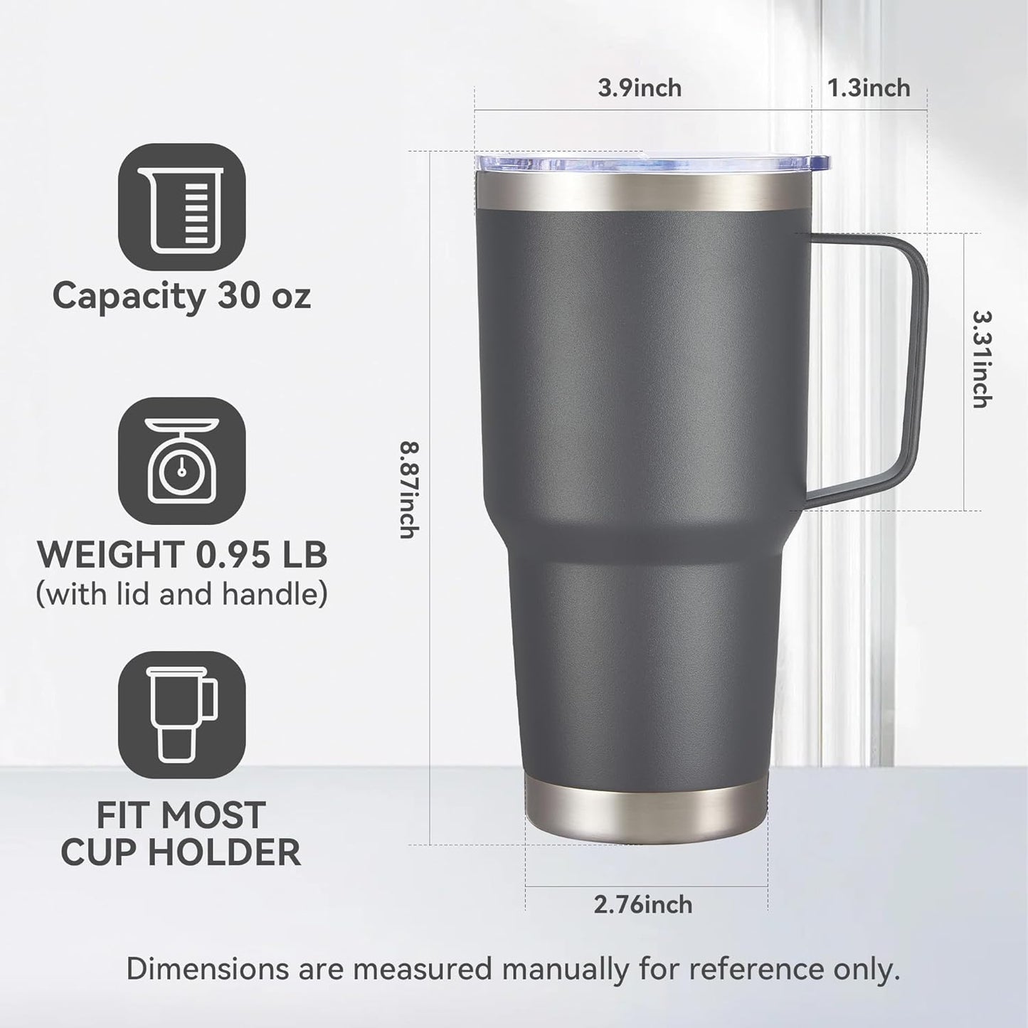 30 oz Tumbler with Handle and Lid, Stainless Steel Tumblers Double Wall Vacuum Insulated Travel Mug Leak Proof Cup Keep Drinks Cold and Hot Grey, 1 Pack