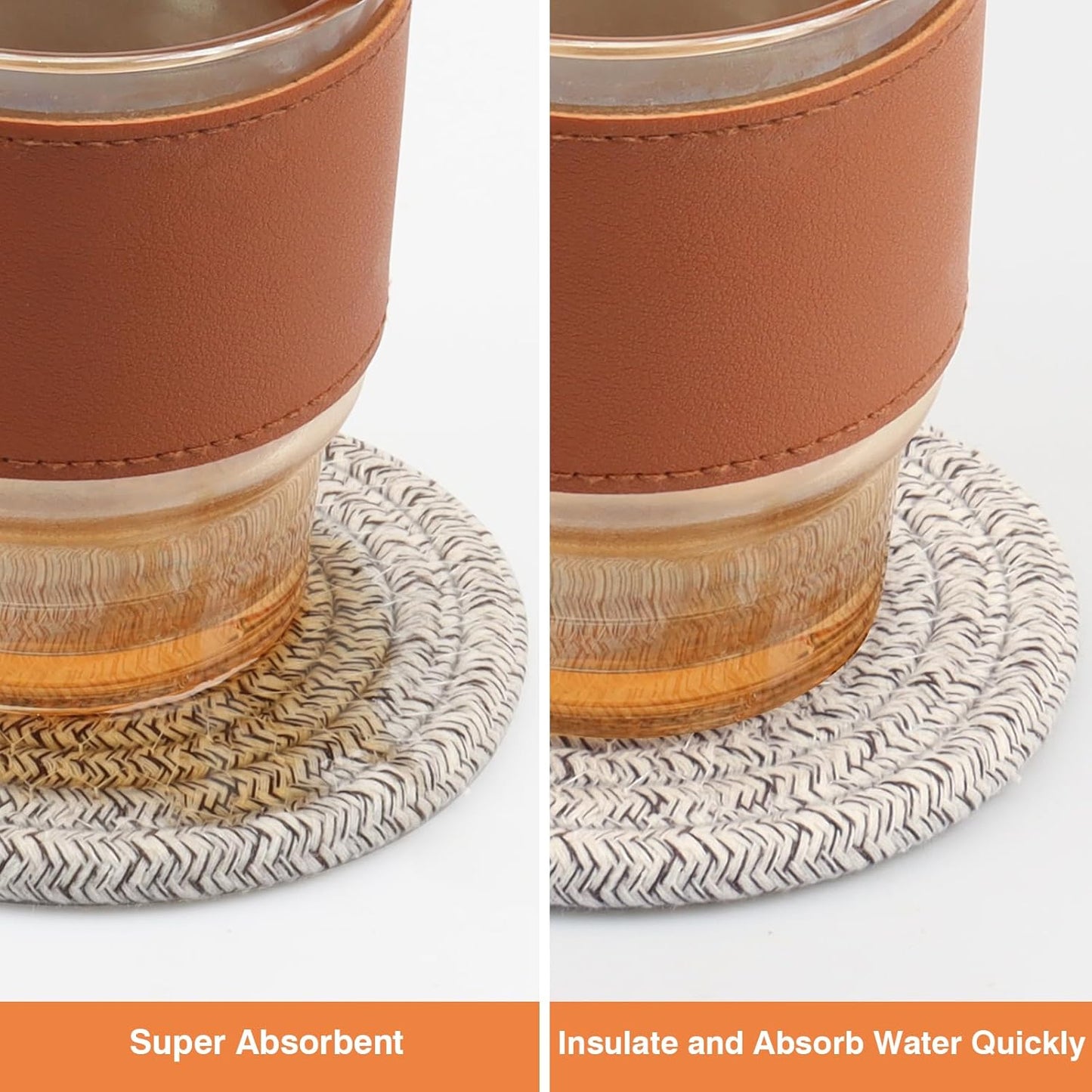 Large 4.8" Cotton Coasters for Drinks Set of 2, Oversized Absorbent Brown Fabric Cup Mats for Coffee Mugs, Boho Desk & Nightstand Drink Pads, Durable Minimalist Coasters for Home Décor(Caffè no)