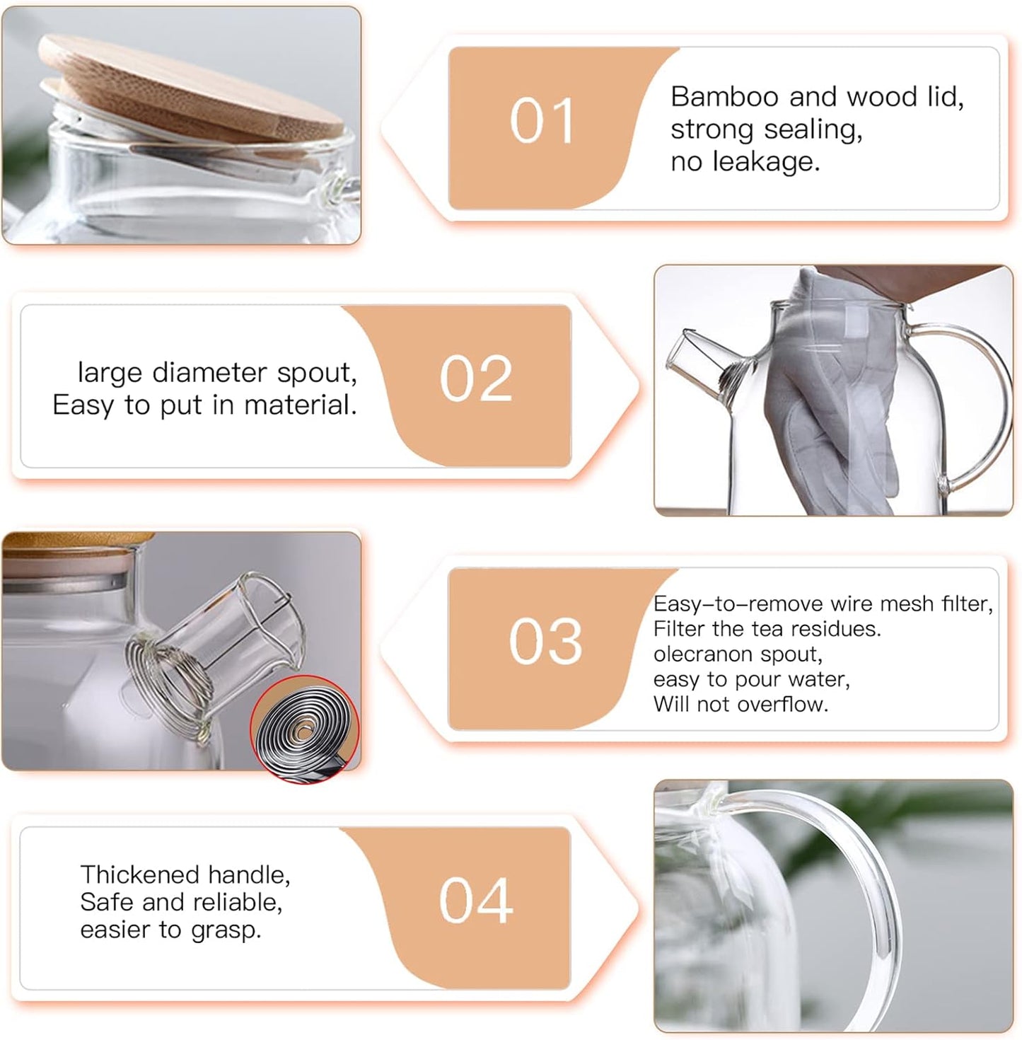 60.8oz Glass Teapot, Stovetop & Microwave Safe Glass Borosilicate Tea Pot,Clear Teapot with Strainer, Glass Tea Kettle with Wooden Lid, Loose Leaf、Fruit Tea and Fragrant Tea