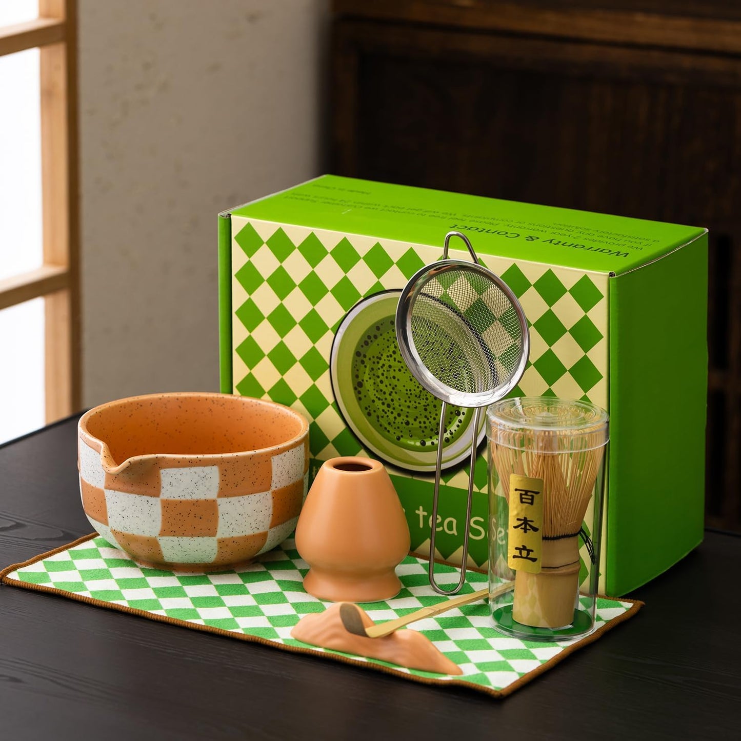 Premium 7-Piece Matcha Tea Set – Traditional Japanese Style with Elegant Grid Pattern, Includes Bamboo Whisk, Ceramic Bowl, Scoop & More – Perfect for Matcha Lovers & Tea Ceremony (Orange grid)