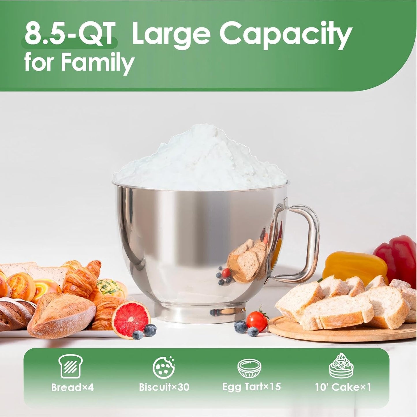 Kitchen in the box Stand Mixer, 900W 8.5QT Kitchen Electric Mixer, 6-Speed Large Capacity Food Mixer for Home Cooks with Egg Whisk, Dough Hook & Flat Beater (Green)