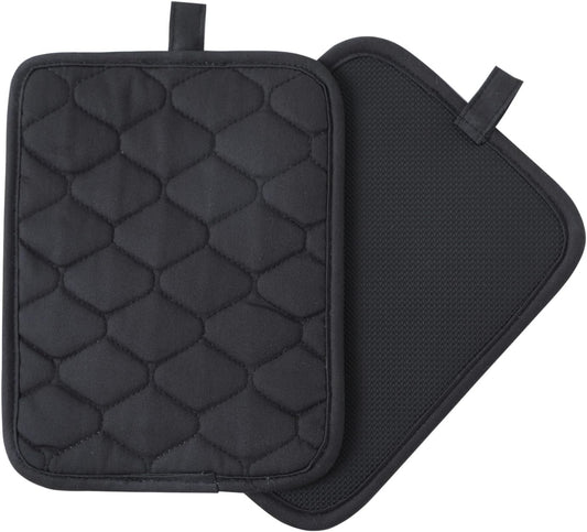Glynniss Anti-Slip Grip Pot Holder for Kitchen, Cotton Oven Hot Pads Set with Neoprene for Heat Resistant 450F, 7x9 Inches Potholder Machine Washable 2PCS (Black, 2)