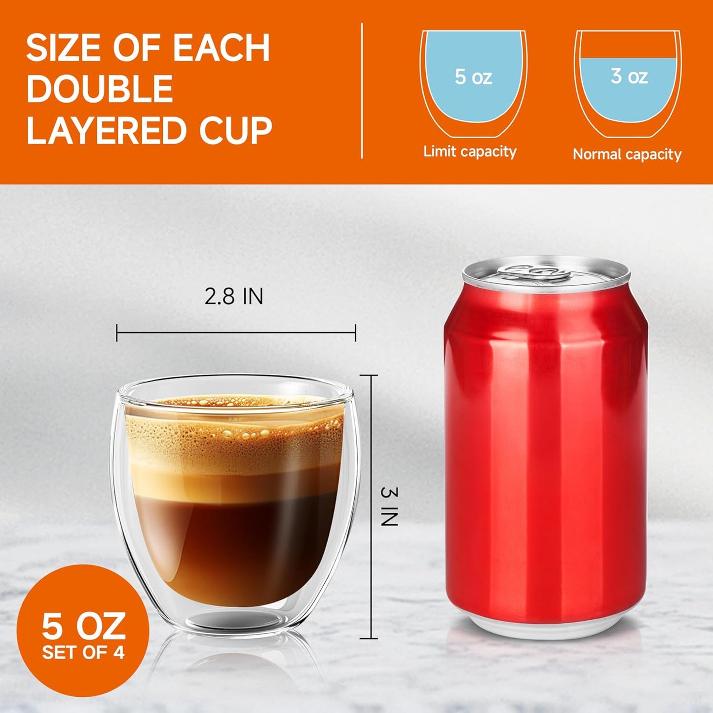 5 Ounces Set of 4 Double Walled Glass Coffee Mugs Insulated Layer Coffee Cups Borosilicate Glass Espresso Double Insulated Clear Glass Coffee Mug for Hot Beverages