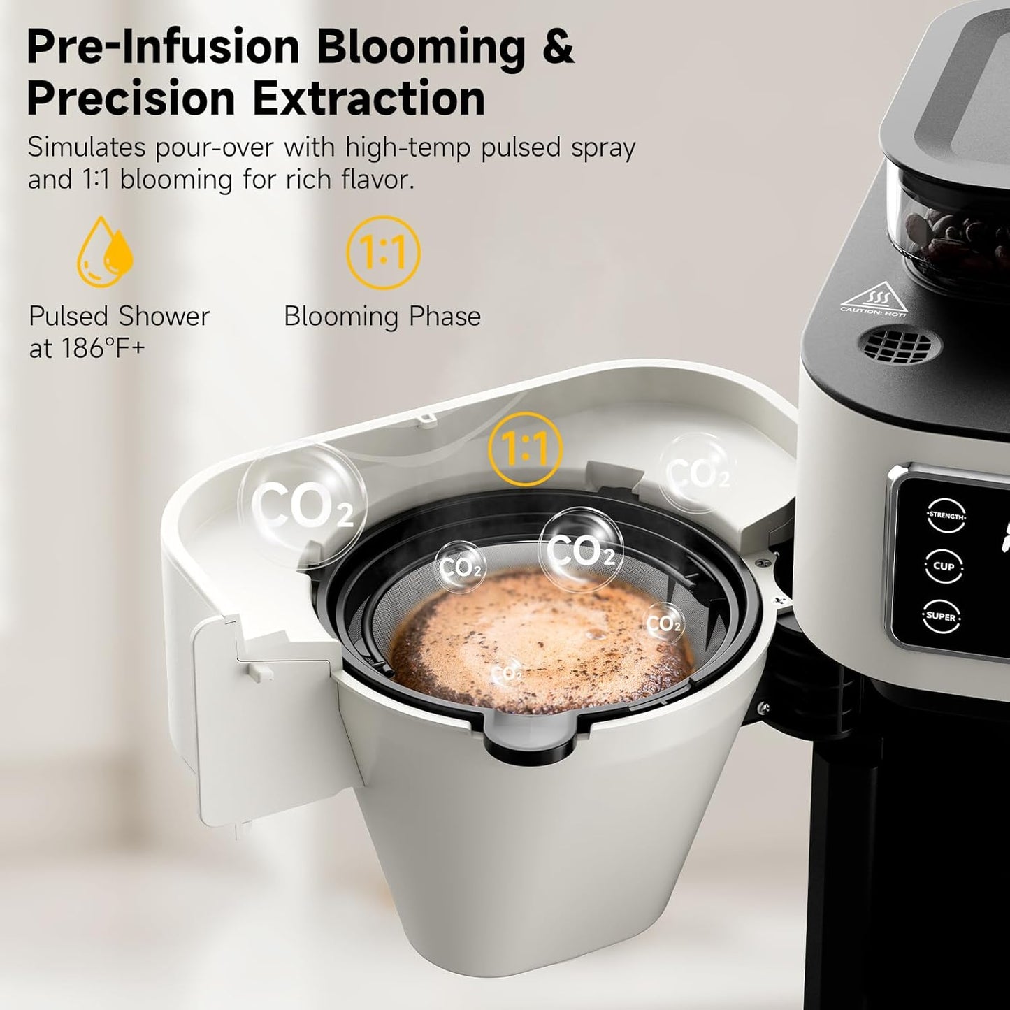 Drip Coffee Maker with Built-in Grinder, 10-Cup Programmable Brew Coffee Machine with Timer, Touch Screen, Self-Cleaning, Reusable Filter, 1.5L Removable Water Tank, Warming Plate, White