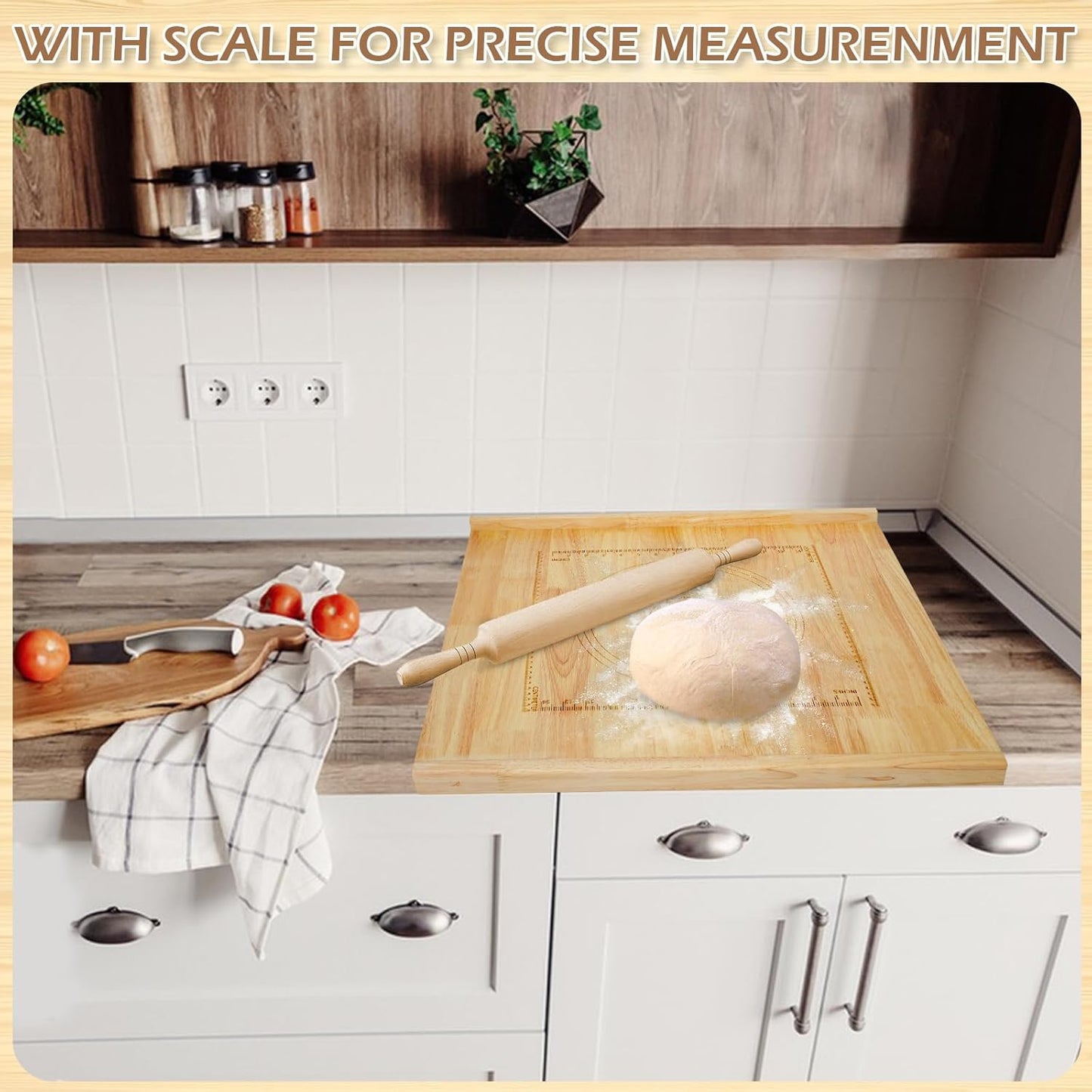 Reversible Wooden Pastry Board, 24" x 20" Wooden Cutting Board with Lip, Pastry Board Cutting Board Chopping Board Pie Board with Engraved Ruler for Counter Top Kitchen