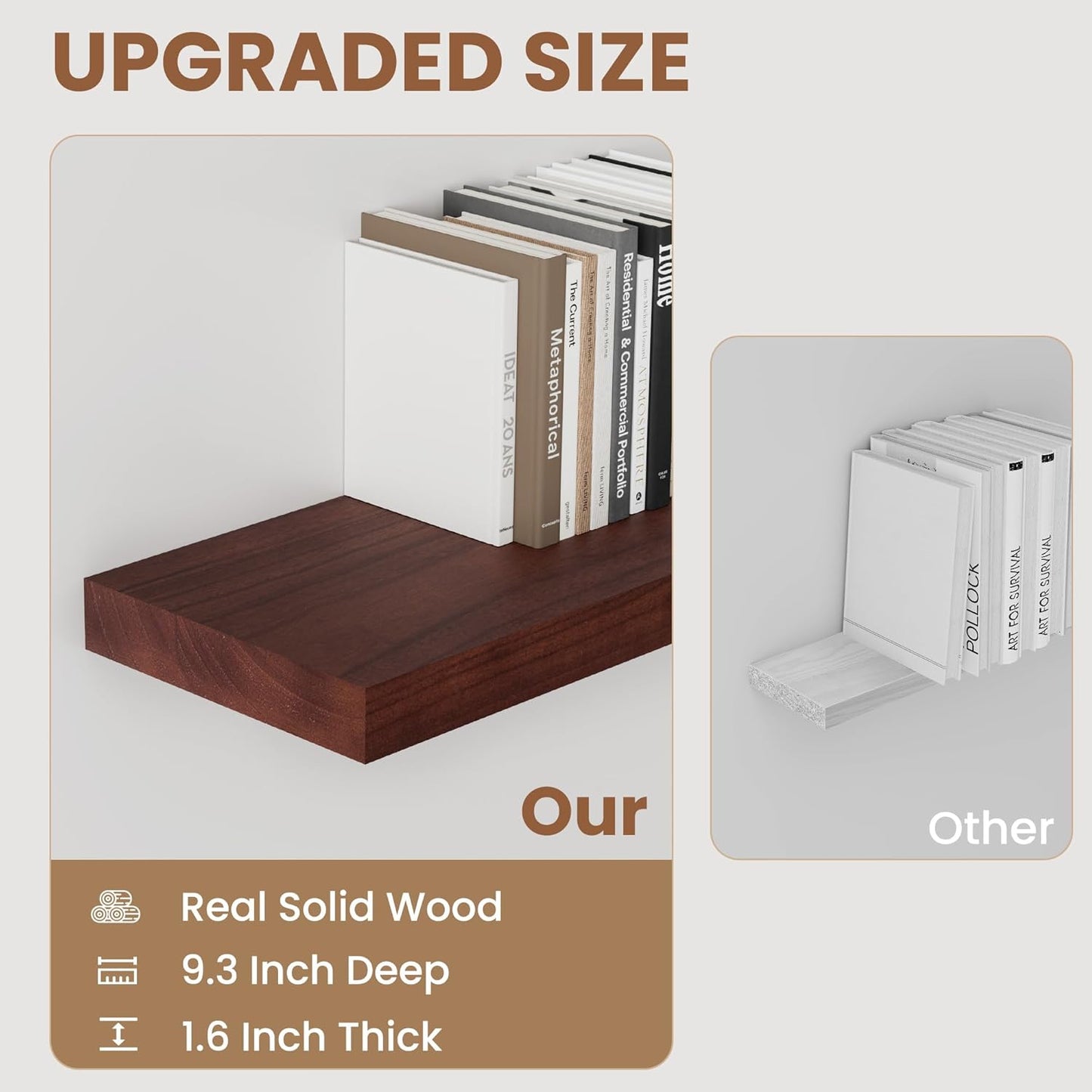 Fun Memories 9 Inch Deep Floating Shelves, Rustic Solid Wood Floating Shelf 16 Inch Long, 16 x 9 Wide Bathroom Shelves for Storage & Display, Red Brown