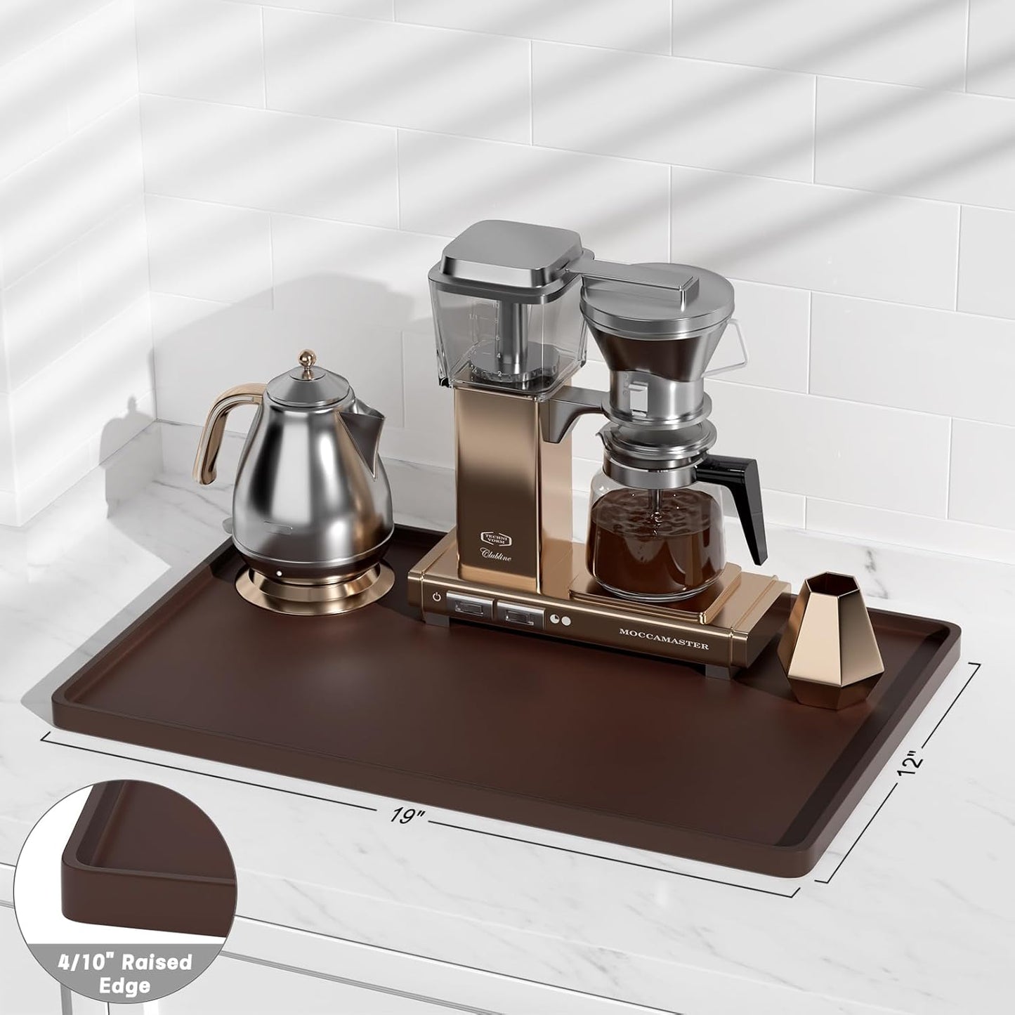 Rnivvi Silicone Coffee Mat, 12" x 19" Waterproof Raised Edge Coffee Bar Mats for Espresso Machine Station Accessories, Heat Resistant Dish Drying Pad for Kitchen Counter, Rubber Bar Decor Pad, Brown