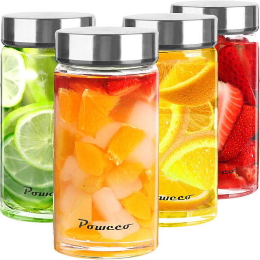 12oz Glass Juice & Water Bottles 4-Pack with Lids- Wide Mouth Reusable Borosilicate Glass- for Juicing, Smoothies, Protein Shakes, Blender & Shaker Bottle- Refillable & Dishwasher Safe(12 oz/400ml)