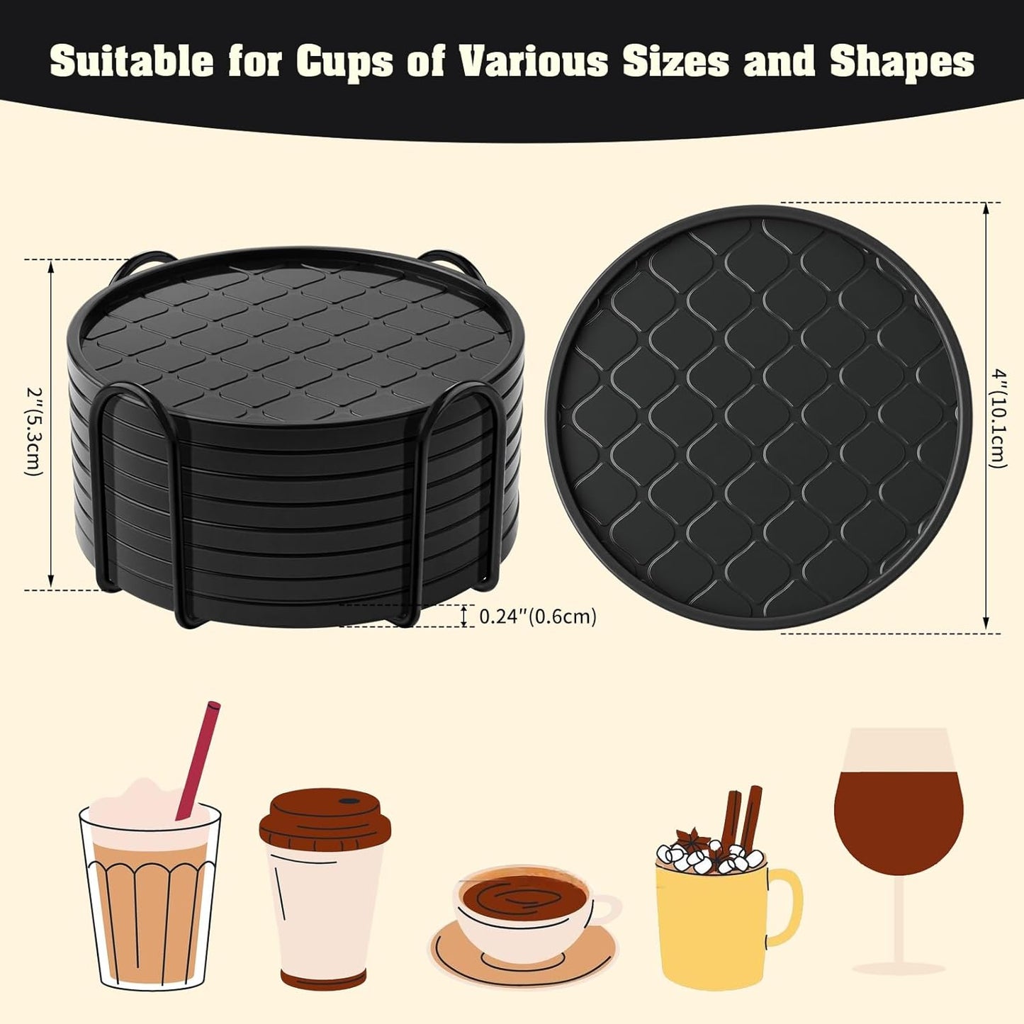 Coasters Set of 8,Hot or Cold Drink Coasters with Holder,Modern Style Coffee Table Coaster,Suitable for Kinds Cups Beer,Drink,Anti-Overflow Tabletop Protection(Black, 8pcs)