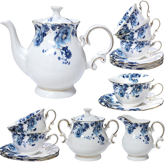 21-Piece Bone China Tea Set for Adults, Blue and White Porcelain Tea Set for 6, Vintage Floral Tea Cup Set With Teapot, Tea Party Sets for Women Gift