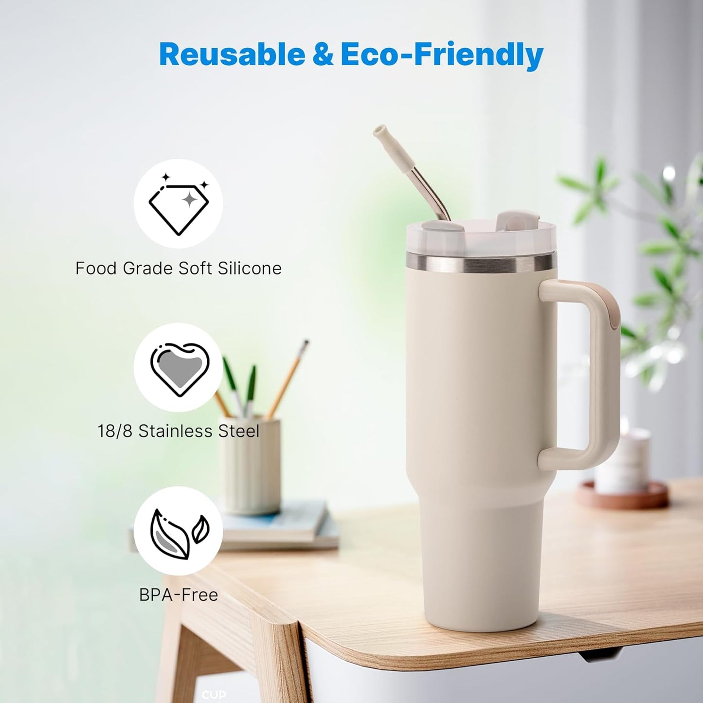 Repeatable Metal Straw with Silicone Tips for 30 oz Stanley Tumbler, 2 Pcs 30 oz Stainless Steel Straws Replacement for Stanley Tumbler, 1 Straw Brush, BPA Free（Cream Grey）