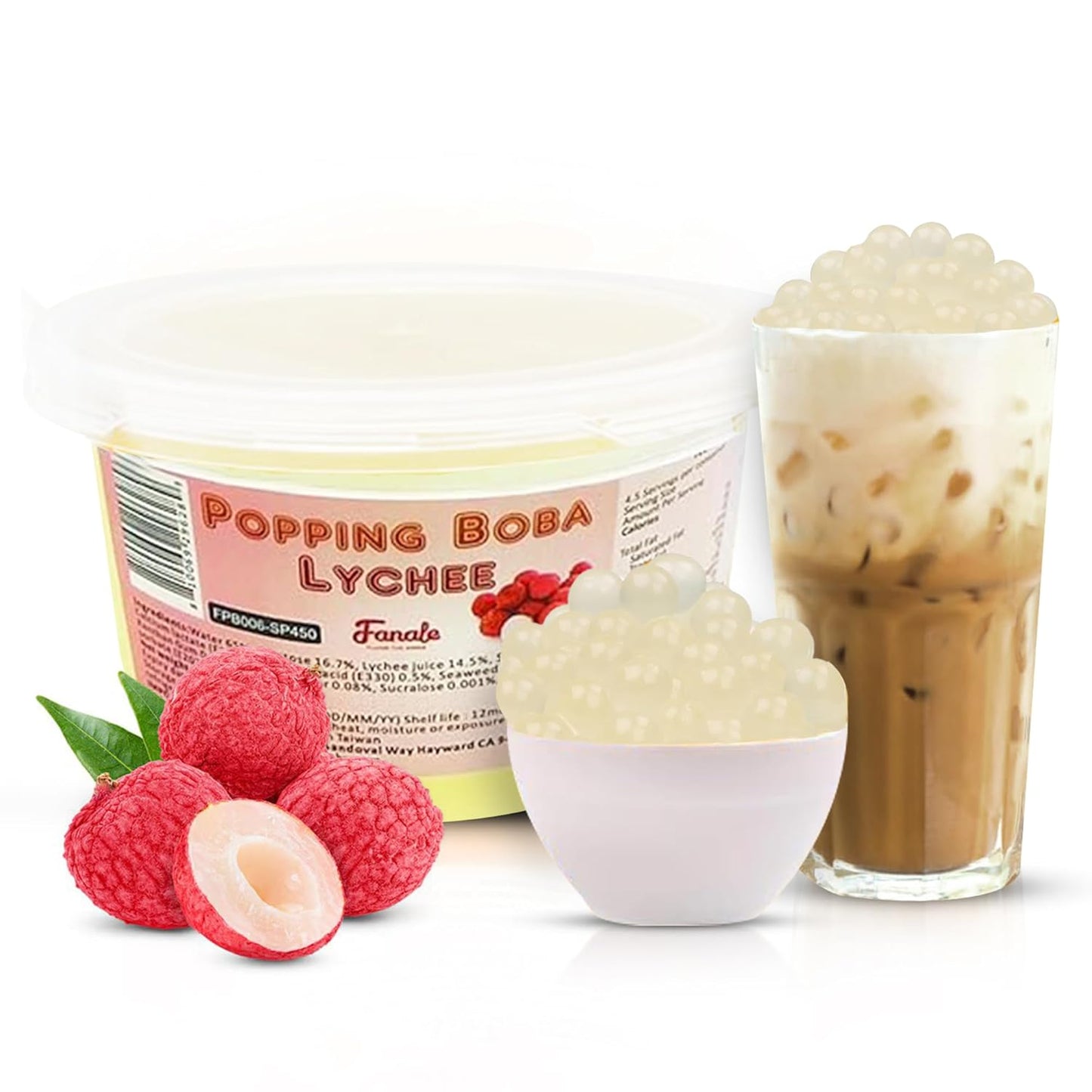 Fanale Lychee Popping Boba Pearls, Vegan, Non GMO, Gluten Free, Fat Free, Perfect for Bubble Tea, Smoothies, Ice Cream, Desserts, and Beverages1 Pound (Pack of 1).
