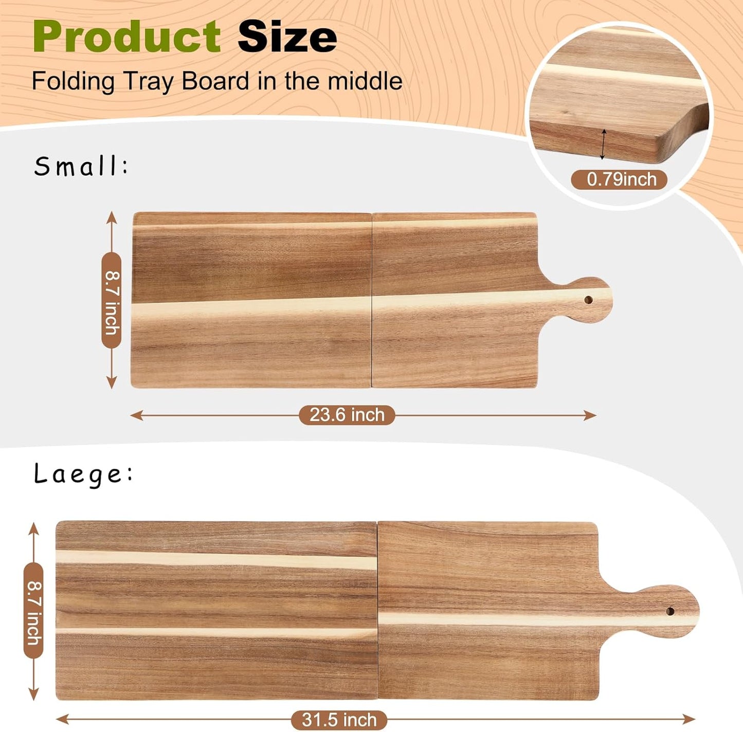 Large Acacia Charcuterie Board Wood Charcuterie Boards with Handles Foldable Travel Wooden Serving Cheese Boards for Party Food Appetizers Housewarming Gift Meat Party(31.5 x 8.7inch)