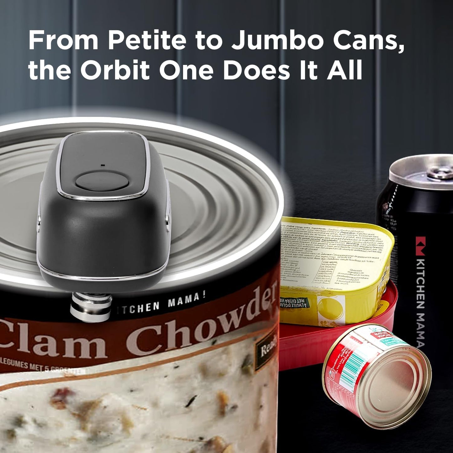 Kitchen Mama Orbit One Rechargeable Electric Can Opener: Hands-free, USB-C Charging, Automatic Stop, Smooth Edge, Safety, Blade for Large Cans, Heavy Duty, Soda and Pop Can, with Storage Box (Black)
