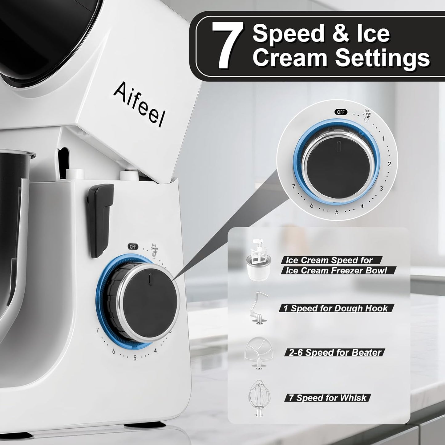 Aifeel Stand Mixer,6.5QT Kitchen Electric Mixer with 2QT Ice Cream Maker Bowl, 6 in 1 Multifunctional Bread Dough Mixer with Dough Hook,Whisk & Beater, Food Mixer for Baking (Black-White)