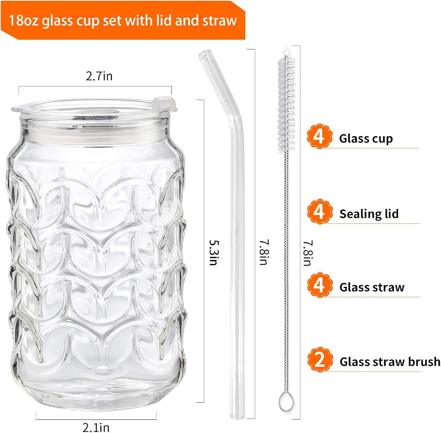 Jiuchen 4-Pack 18oz Borosilicate Glass Cups with Leakproof Lids & Straws,Multi-Use Tumblers for Office and Home - Iced Coffee, Smoothies, Cocktails, Juice, Iced Tea & Protein Shakes, Dishwasher Safe