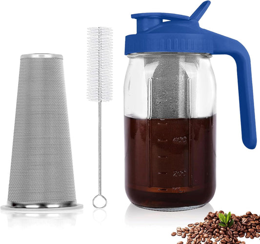 Cold Brew Coffee Maker,32 oz Mason Jar Pitcher with Stainless Steel Filter, Pour Spout Handle Lid, Heavy Duty Glass Airtight & Leak-Proof Pitcher for iced coffee Tea Lemonade-Blue