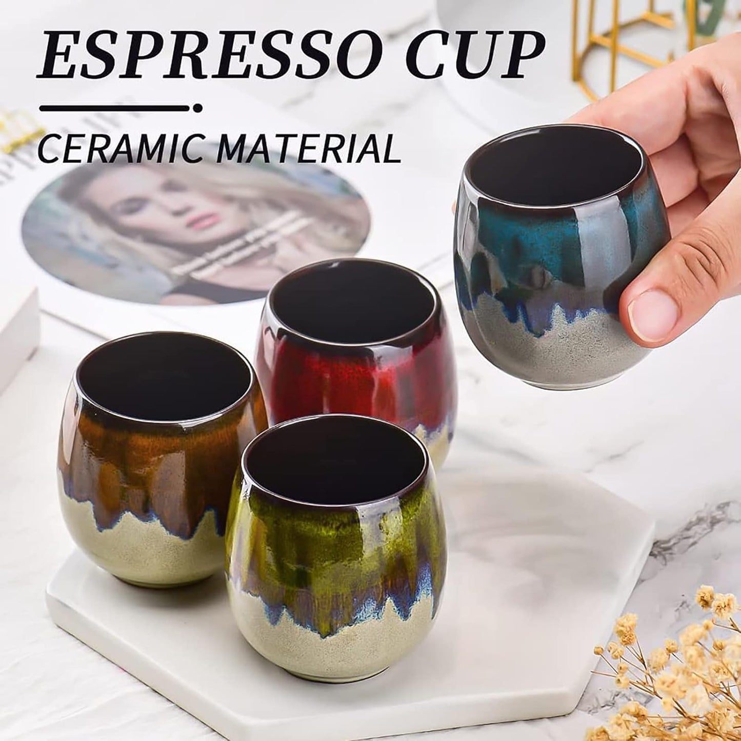 Ceramic Mini Espresso Cups Set of 4, 3 oz Espresso Mugs, Porcelain Coffee Mugs Demitasse Cups, Modern Style Handless, Microwave Dishwasher Safe (Morandi Color)