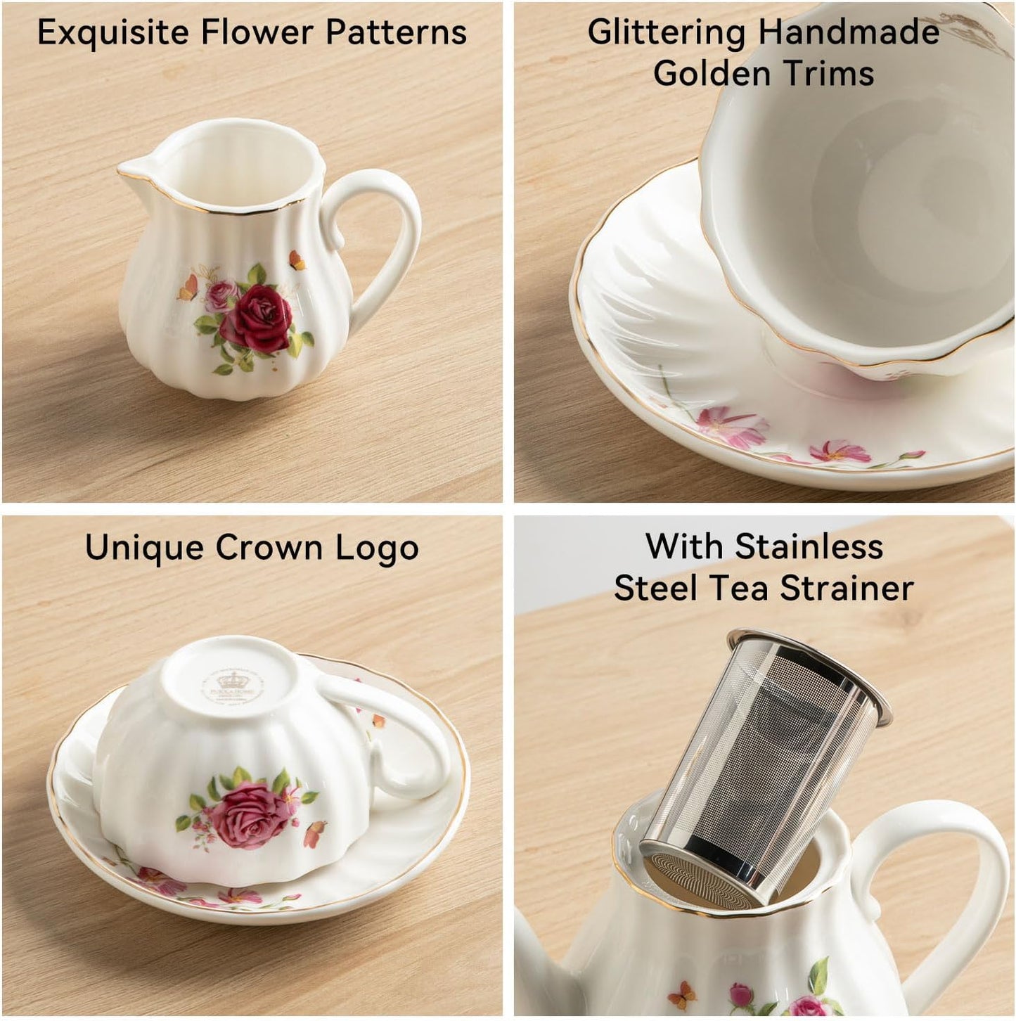 Porcelain Tea Sets British Royal Series, 8 OZ Cups & Saucer Service for 6, with Teapot Sugar Bowl Cream Pitcher Teaspoons and Tea Strainer, Suitable for High Tea, Wedding, Party (Midsummer Rose)