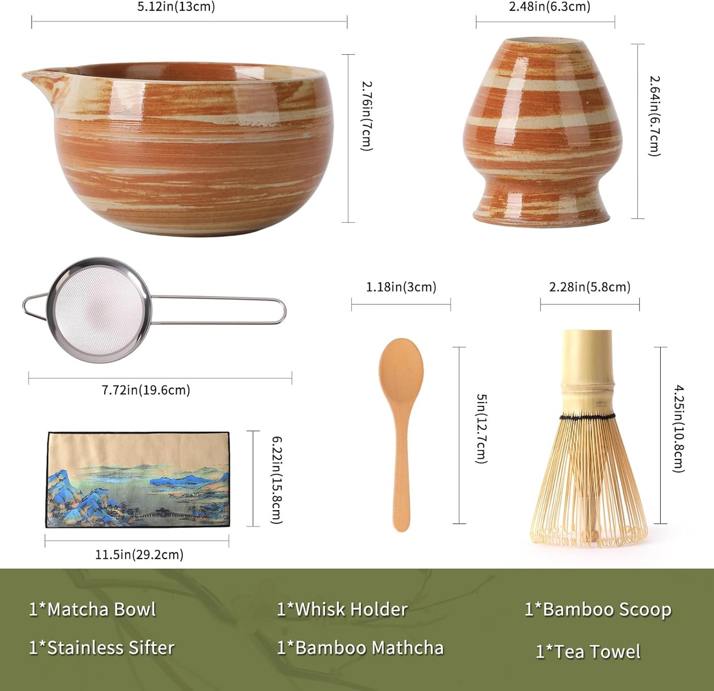 Japanese Matcha Whisk Set - 6-Piece Kit with Bamboo Chasen, Matcha Ceramic Bowl with Spout, Stainless Steel Sifter Yellow