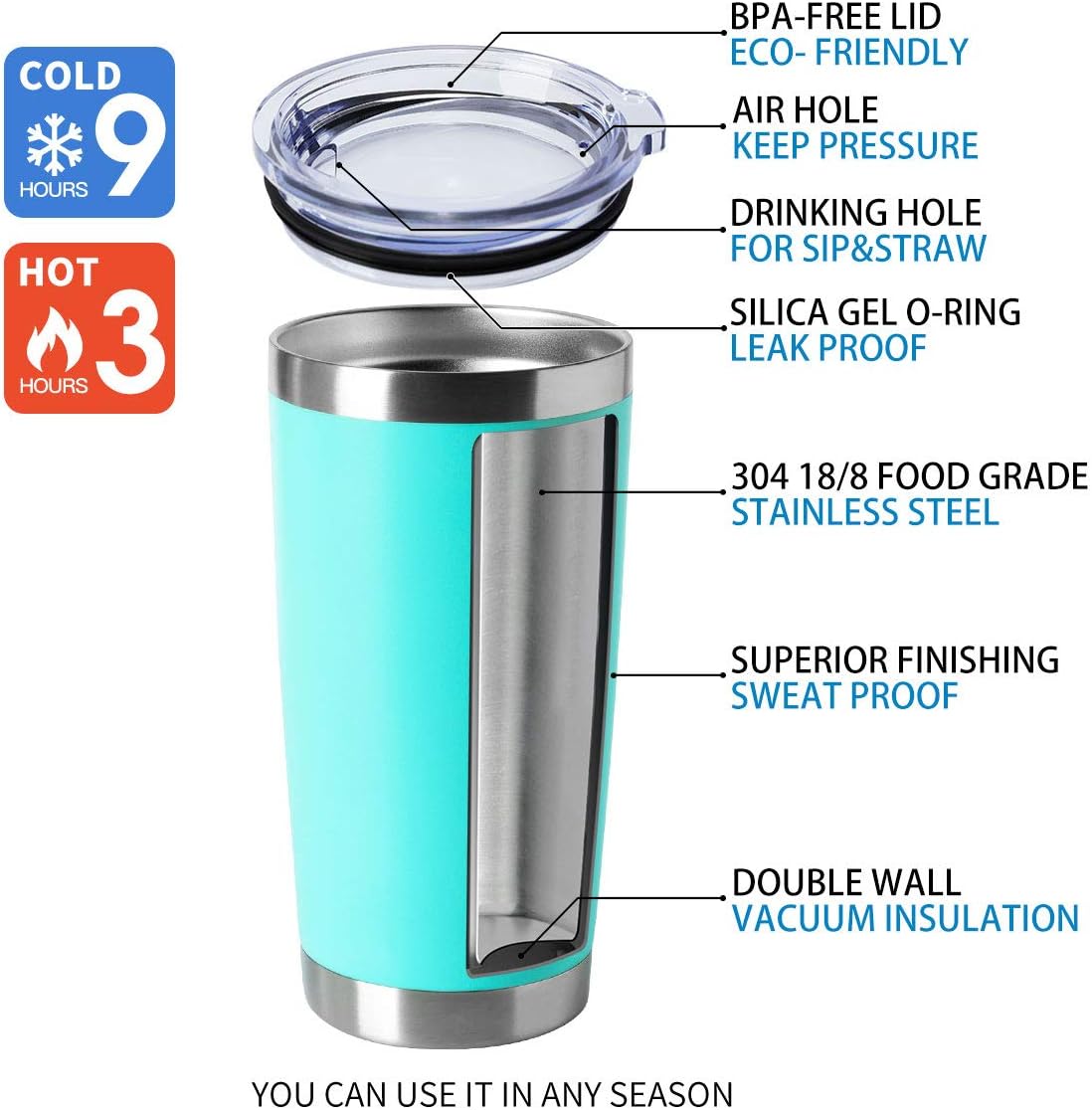 HASLE OUTFITTERS 20oz Stainless Steel Tumblers Bulk, Insulated Travel Cup with Lid, Double Wall Vacuum Coffee Mug for Cold & Hot Drinks 4 Pack, Light Blue