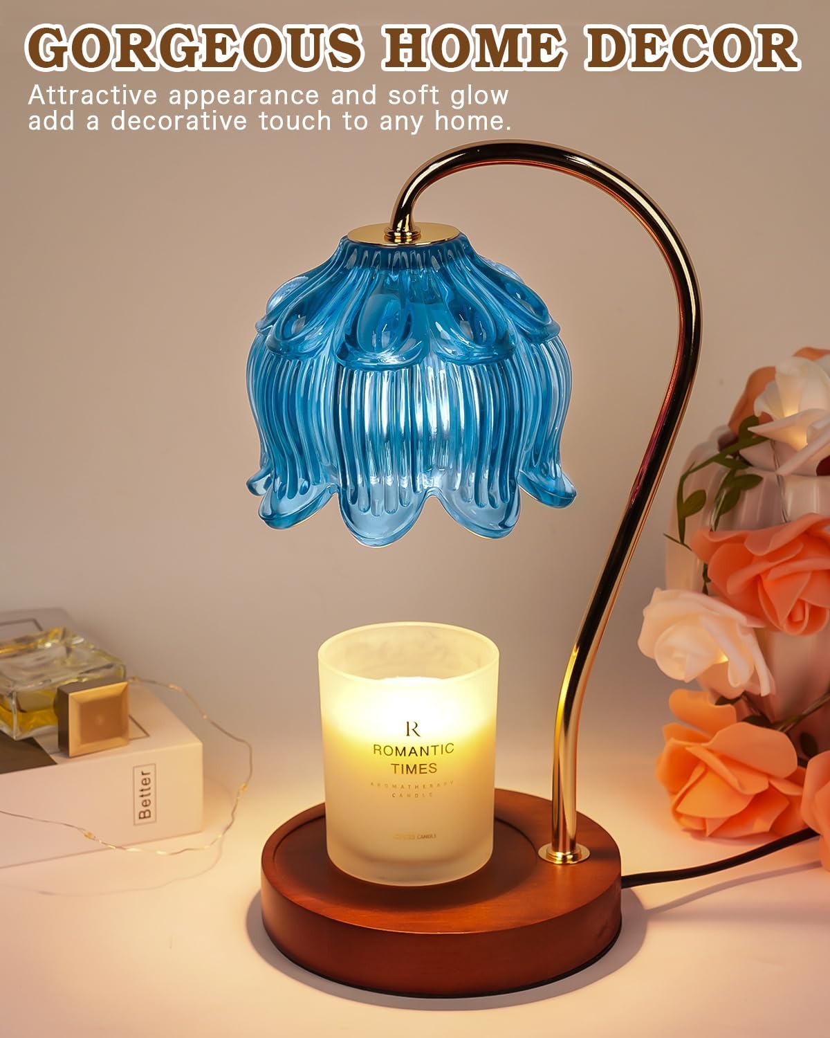 Flower Candle Warmer Lamp with Timer, Blue Candle Lamp Warmer, Birthday Gifts for Women, Mom, Wife, Dimmable Glass Lamp Candle Light Gifts, Aromatic Candle Wax Warmer for Vintage Livingroom Decor