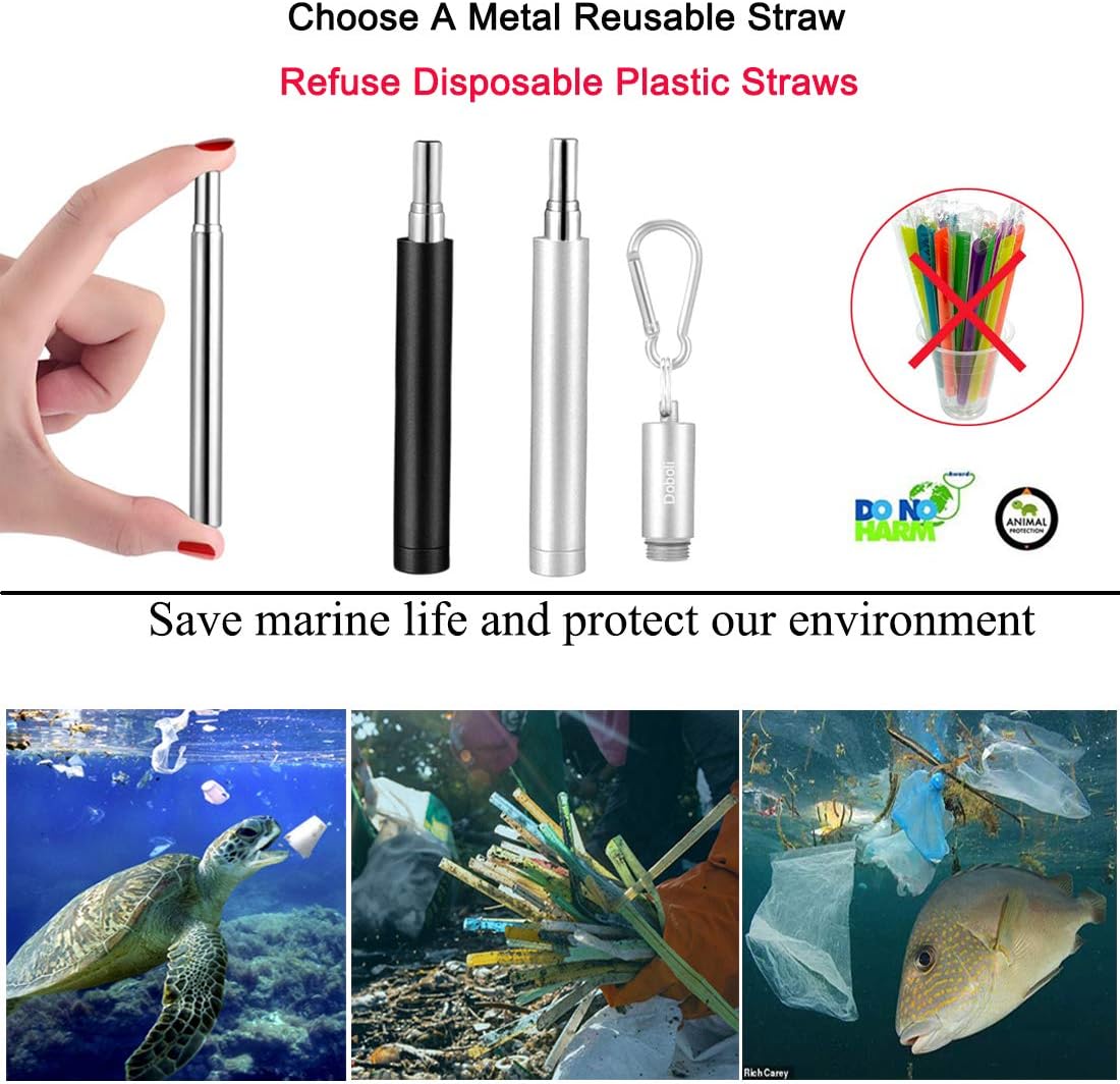 2 Pack Reusable Metal Straws Collapsible Stainless Steel Drinking Straw Travel Portable Telescopic Straw with Case,2 Cleaning Brushes Included Black/Silver