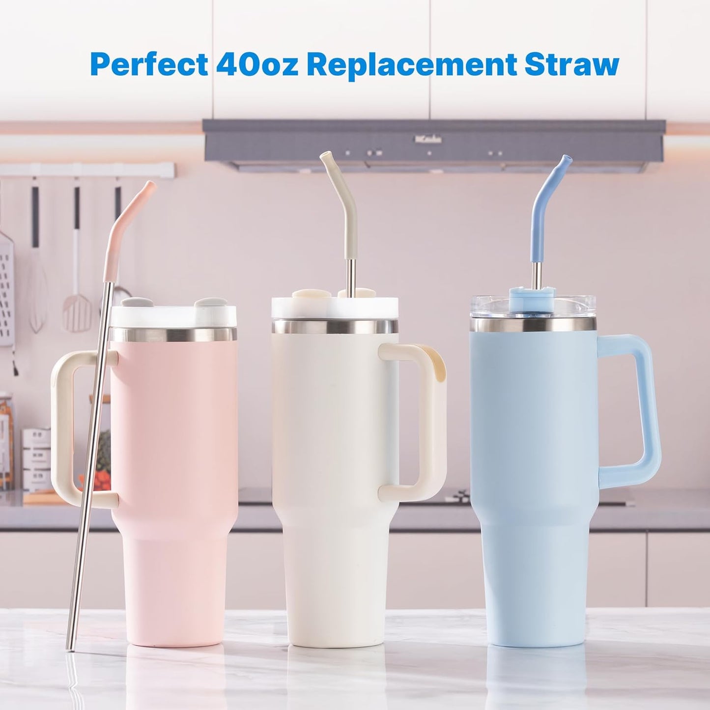 Metal Straw with Silicone Tip for 40oz Stanley Cup, 2 Pcs Stainless Steel Straws Replacement for Stanley 40 oz Adventure Quencher Travel Tumbler Cup, 1 Straw Brush (Black)