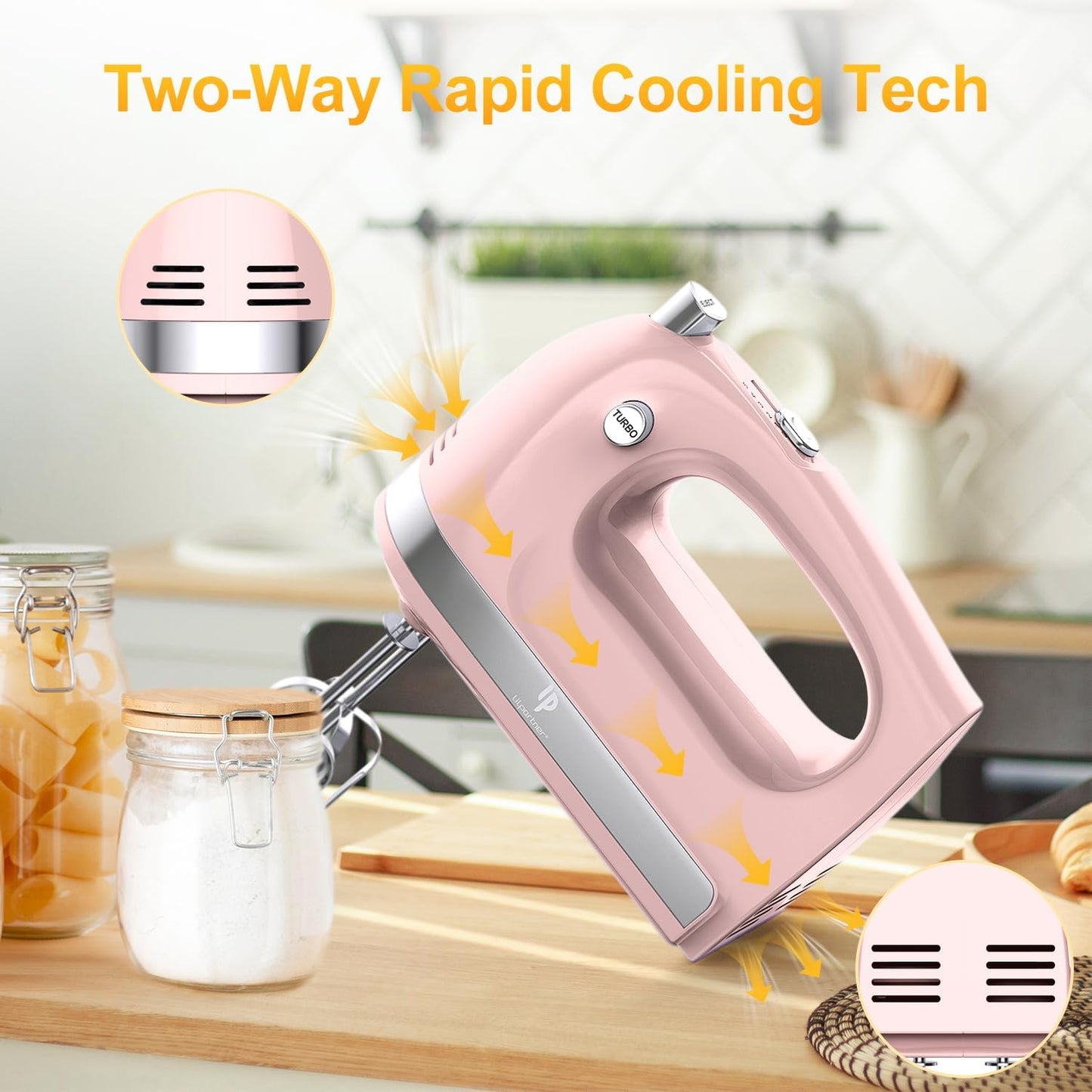 Hand Mixer Electric, 400W Food Mixer 5 Speeds Handheld Blender, 5 Stainless Steel Accessories, Storage Box, Kitchen Blender with Cord for Cream, Cookies, Dishwasher Safe, Pink