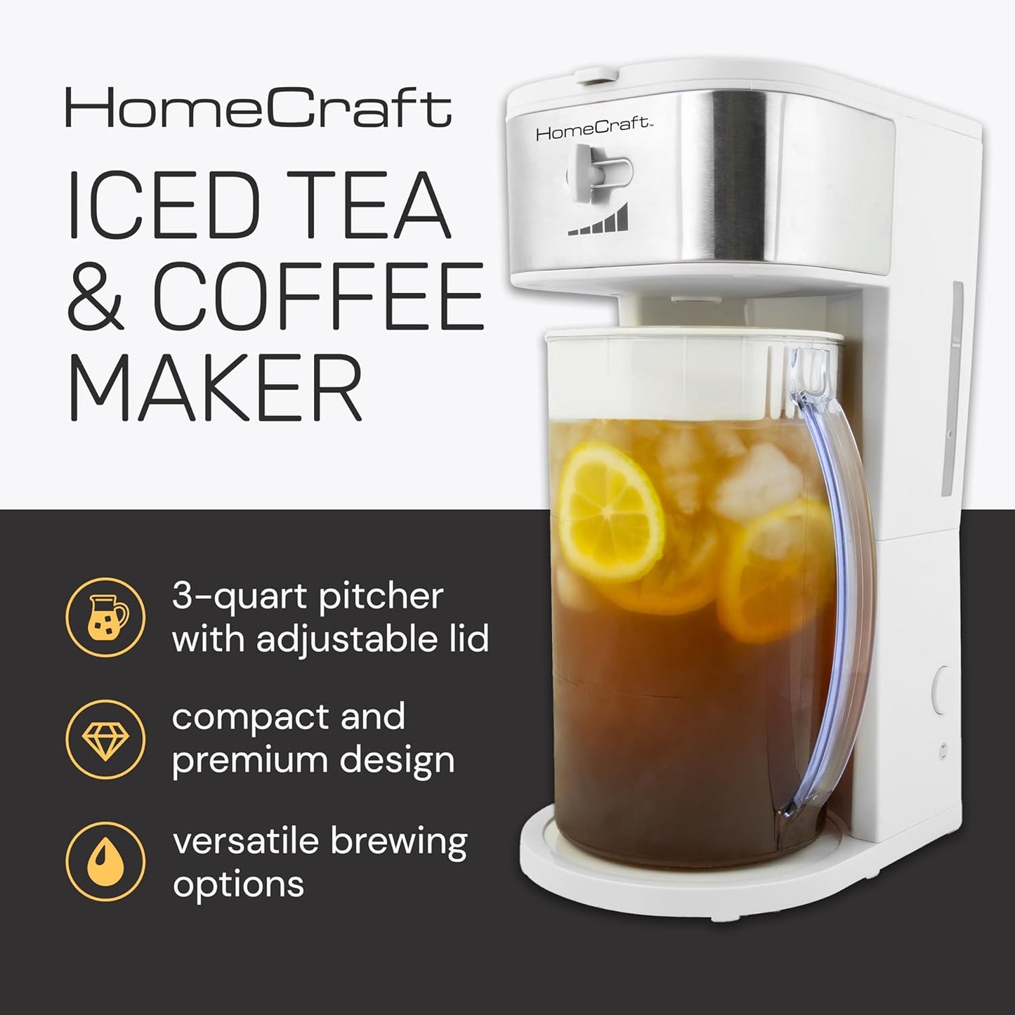 HomeCraft 3-Quart White Stainless Steel Café' Iced Tea And Iced Coffee Brewing System, 12 Cups, Strength Selector & Infuser Chamber, Perfect For Lattes, Lemonade, Flavored Water, Large Pitcher