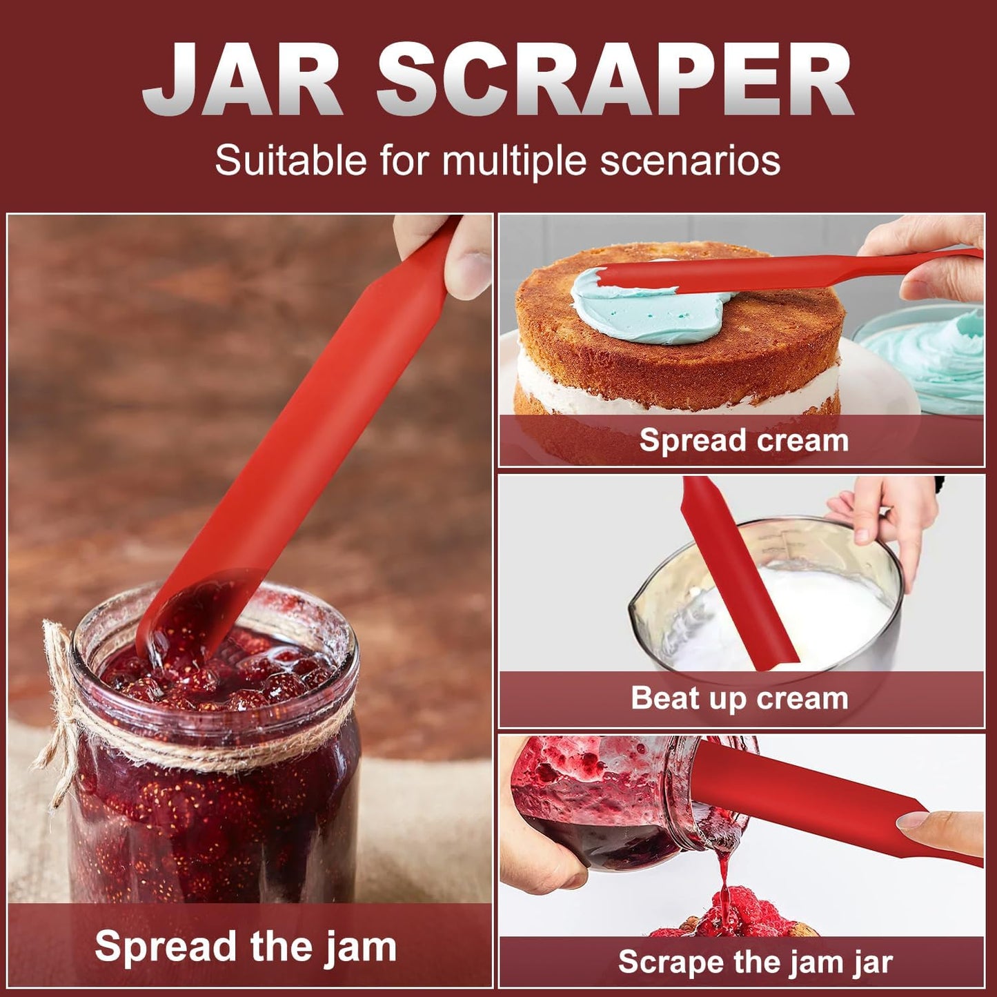 Walfos Silicone Jar Spatula - 600ºF Heat Resistant Kitchen Spatulas(2pcs), Strong Steel Core & One-Pieces Design,Mixing Batter & Cake Cream Spatulas, for Cooking & BPA Free & Dishwasher Safe, Red