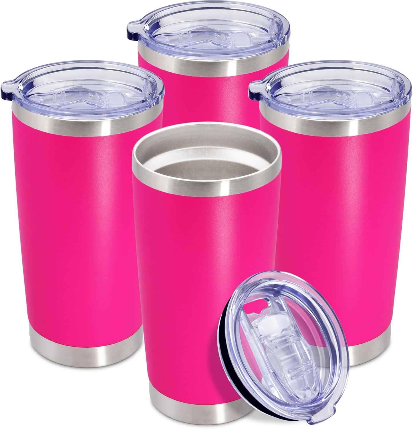 20 oz Tumbler Coffee Tavel Tumblers Bulk with Lid Stainless Steel Double Wall Vacuum Insulated Mug Powder Coated Cups fit Car Cupholder for Hot and Cold - Hot Pink, 4Pack