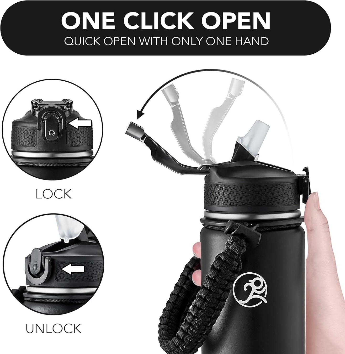 GOSWAG Insulated Sports Water Bottle, 24oz 2 Lids(with Straw/No Straw), Stainless Steel Water Bottles with Paracord Handle, Insulated Bottle with Double-Wall Vacuum Insulation