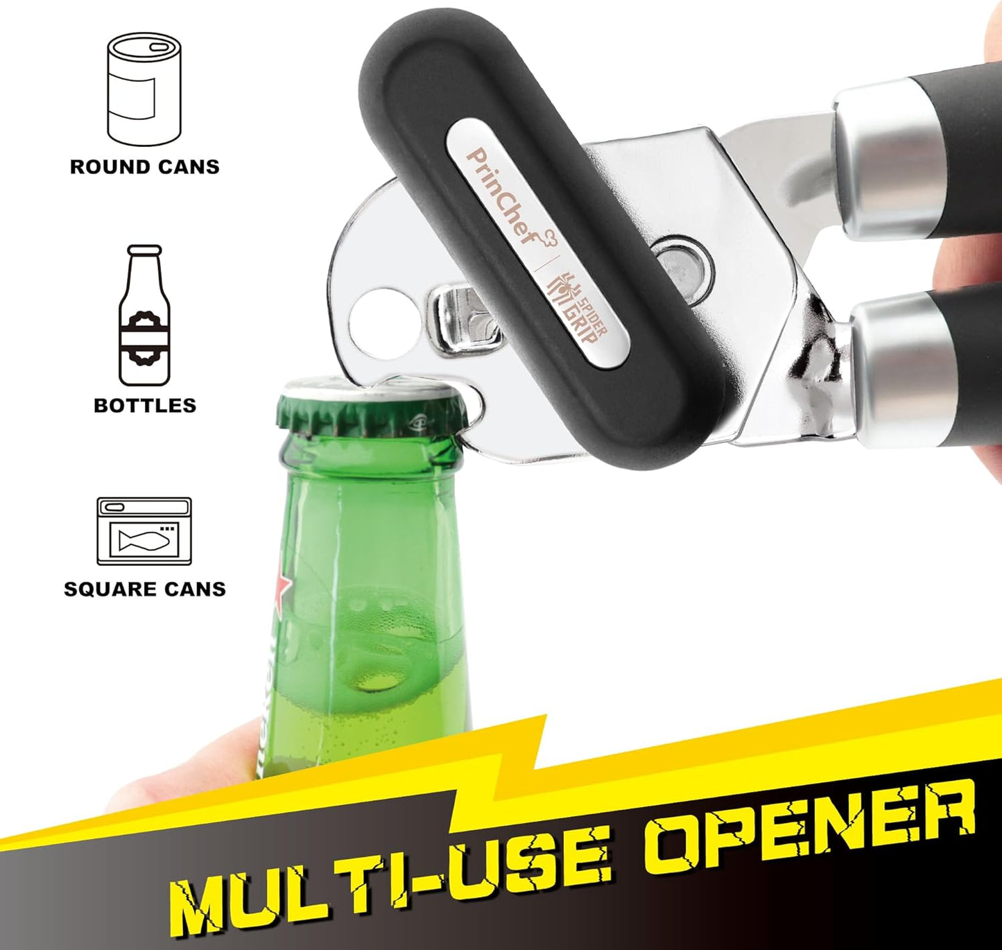 [Upgraded] PrinChef Can Opener Manual with Magnet, Reinforced Gear and Blade, Smooth Edge Can Openers for Seniors with Arthritis, Comfortable Grip Handheld Can Cutter Bottle Opener with Magnet, Black