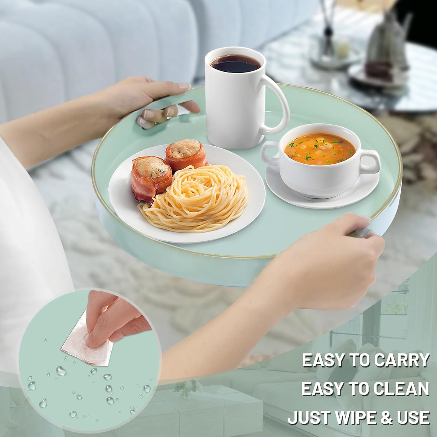 MAONAME Mint Green Decorative Tray for Coffee Table, Modern Round Serving Trays with Handles, 13" Plastic Tea Trays for Ottoman, Bathroom Decor