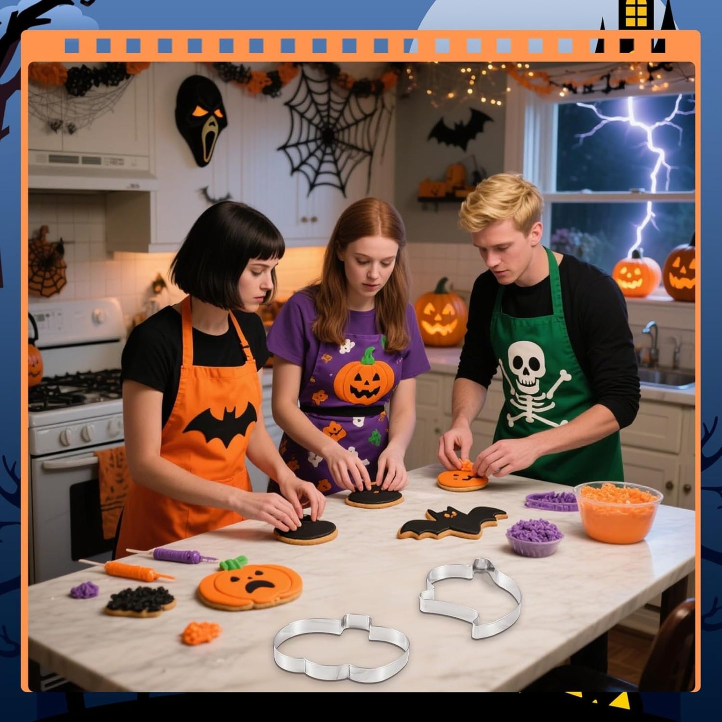 3 Pcs Large Halloween Cookie Cutters Set 7.5 Inch Extra Large Pumpkin Bat Ghost Shapes Stainless Steel Metal Giant Cookie Cutters Molds for Halloween Day Baking Party Kitchen Accessories
