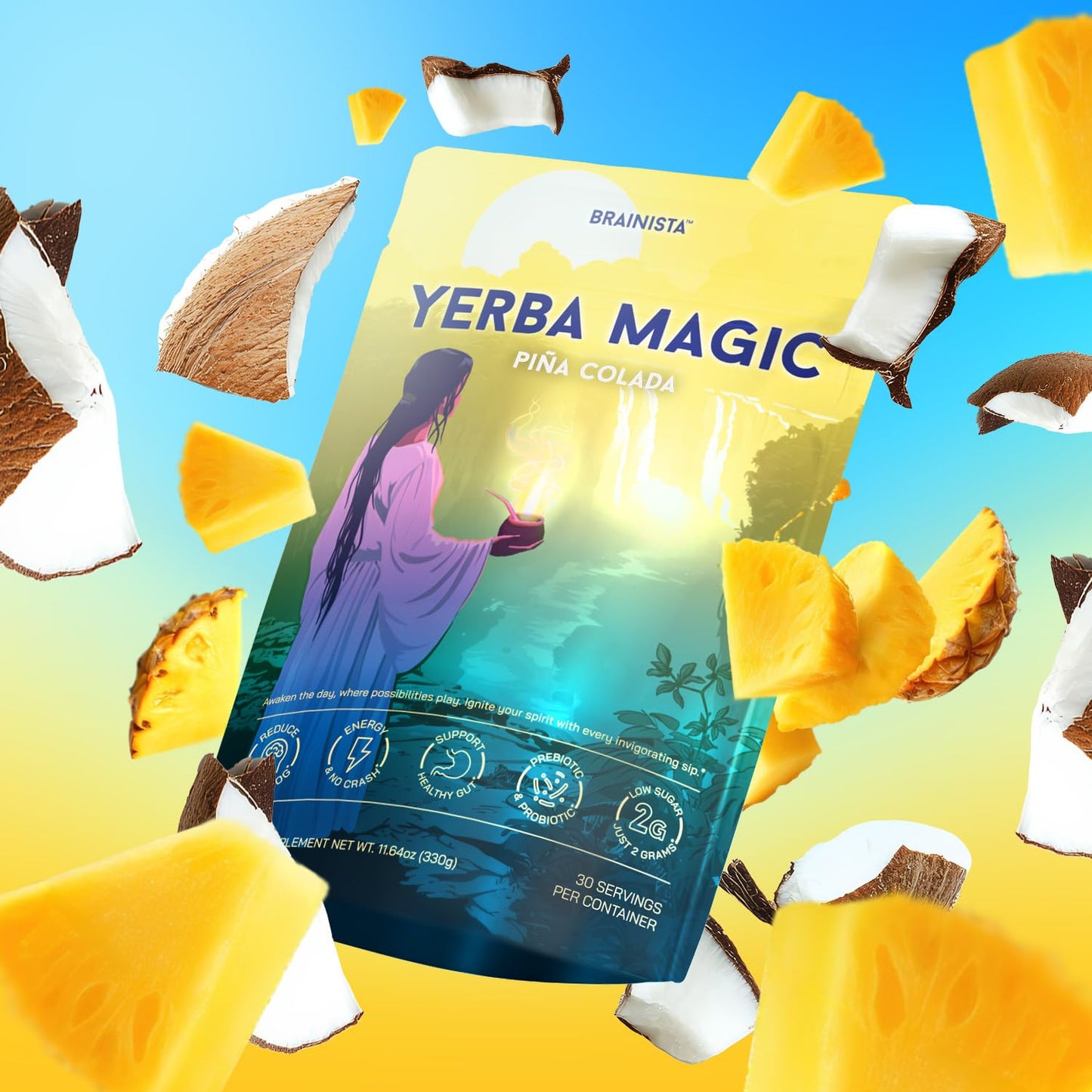 Yerba Magic - Yerba Mate Instant Tea Powder, 3-in-1 Super Drink - Clean Energy, Brain Fog Buster, and Gut Health Powered by Nootropics, Prebiotics & Probiotics | Pina Colada 30 Servings
