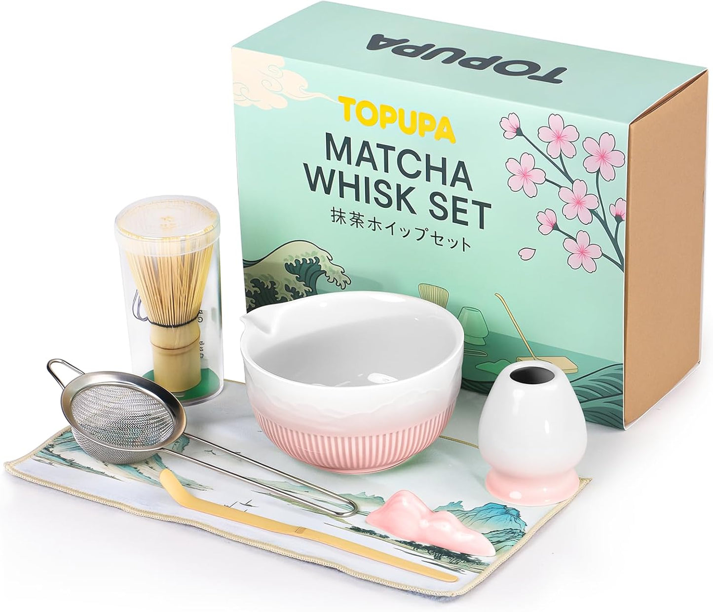 Matcha Whisk Set 7 PCS Pink Matcha Whisk Set Japanese Matcha Tea Set with Ceramic Bowl Bamboo Chasen Whisk Holder Spoon Stainless Steel Strainer Matcha Kit for Matcha Lovers