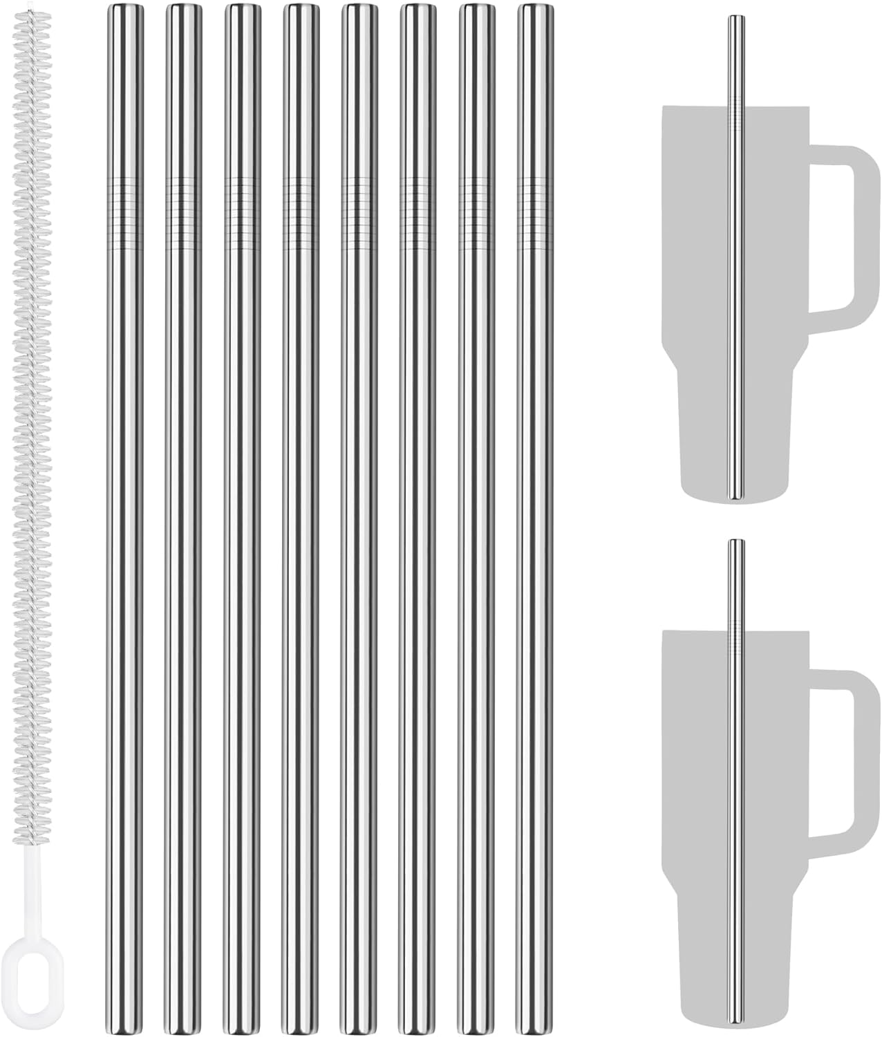Tomorotec 8-Pack Stainless Steel Straws Fit for 40oz Stanley Tumblers, 12" Metal Straws for Stanley Cup with 1 Brush, Reusable Drinking Straws for Smoothies, Milkshakes, Dishwasher Safe & BPA-Free