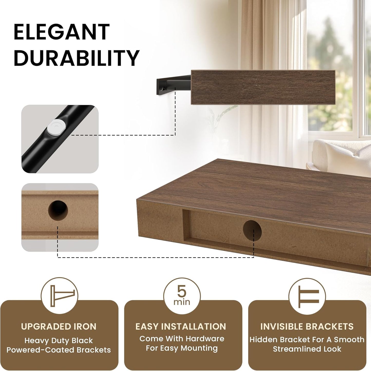 Floating Shelves for Wall, 55"W x 9.3"D x 1.5"H, Long Wooden Wall Mounted Display Shelves with Invisible Brackets for Living Room, Bedroom, Bathroom, Kitchen Decor and Storage, Set of 1, Walnut