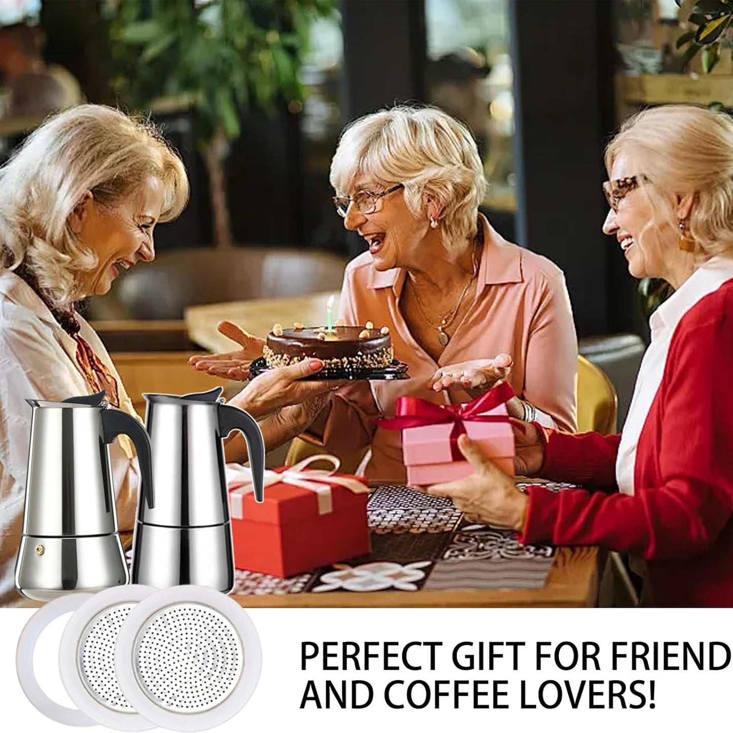 2 Pcs Filter with 3 Pcs Silicone Gasket Seals for 9 Cup 12 Cup Stovetop Espresso Coffee Maker Replacement Parts for Big Tummy and Straight Stainless Steel Moka Pot