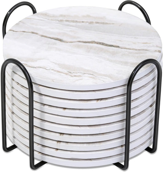 Caffox Coasters Set of 10, Absorbent Drink Coasters with Holder, Marble Style Ceramic Coaster for Wooden Table, Home Decor, 4 Inches(Griege)