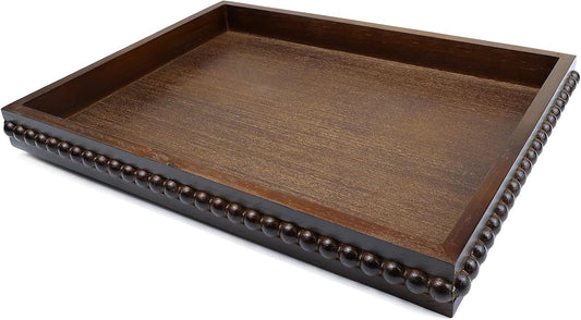 Wood Decorative Tray, Distressed Outdoor Serving Tray with Wooden Bead for Ottoman, Coffee Table, Entertaining, Home Decor, Rectangular 15.7”*11.8”*1.57” (Dark Brown)