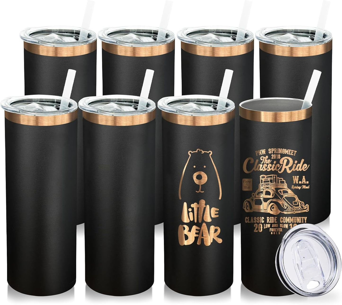 20 oz Skinny Tumblers Bulk 8 Pack, Stainless Steel Insulated Tumbler with Lids and Straws, Slim Double Wall Powder Coated Travel Coffee Mugs Reusable Cup for Hot Cold Drinks (Black,8 pack)