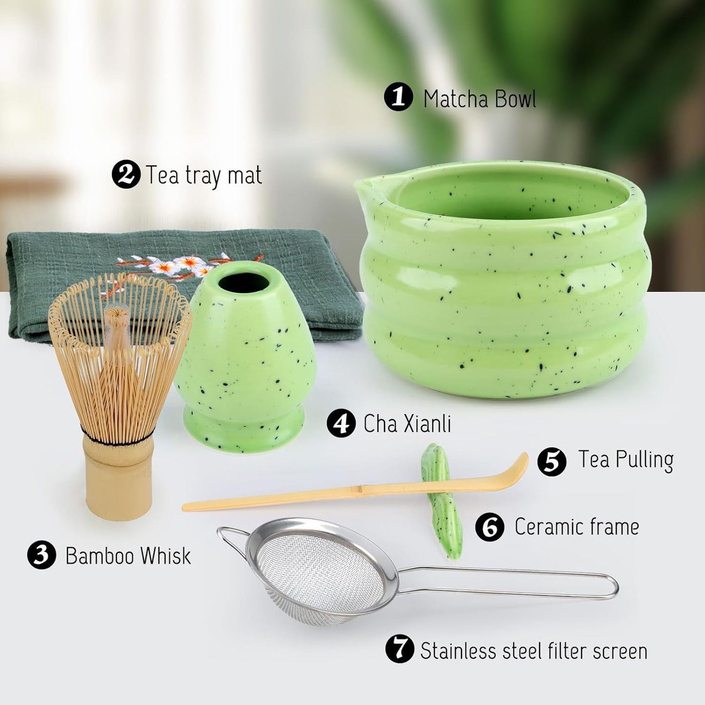 Goldmeet Matcha Set 7 Pcs Matcha Green - Japanese Tea Ceremony Kit with Bowl, Whisk, Holder, Scoop, Strainer - Matcha Gift Set