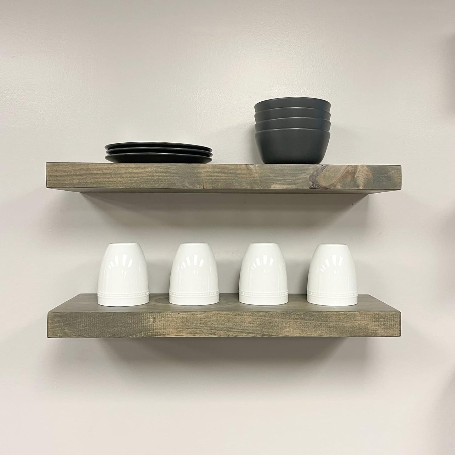 URBANDI, Rustic Floating Shelves, Set of 2, Hidden Bracket, Solid Wood, Heavy Duty, Wall Mounted Shelves, (Grey, 12Wx6D)