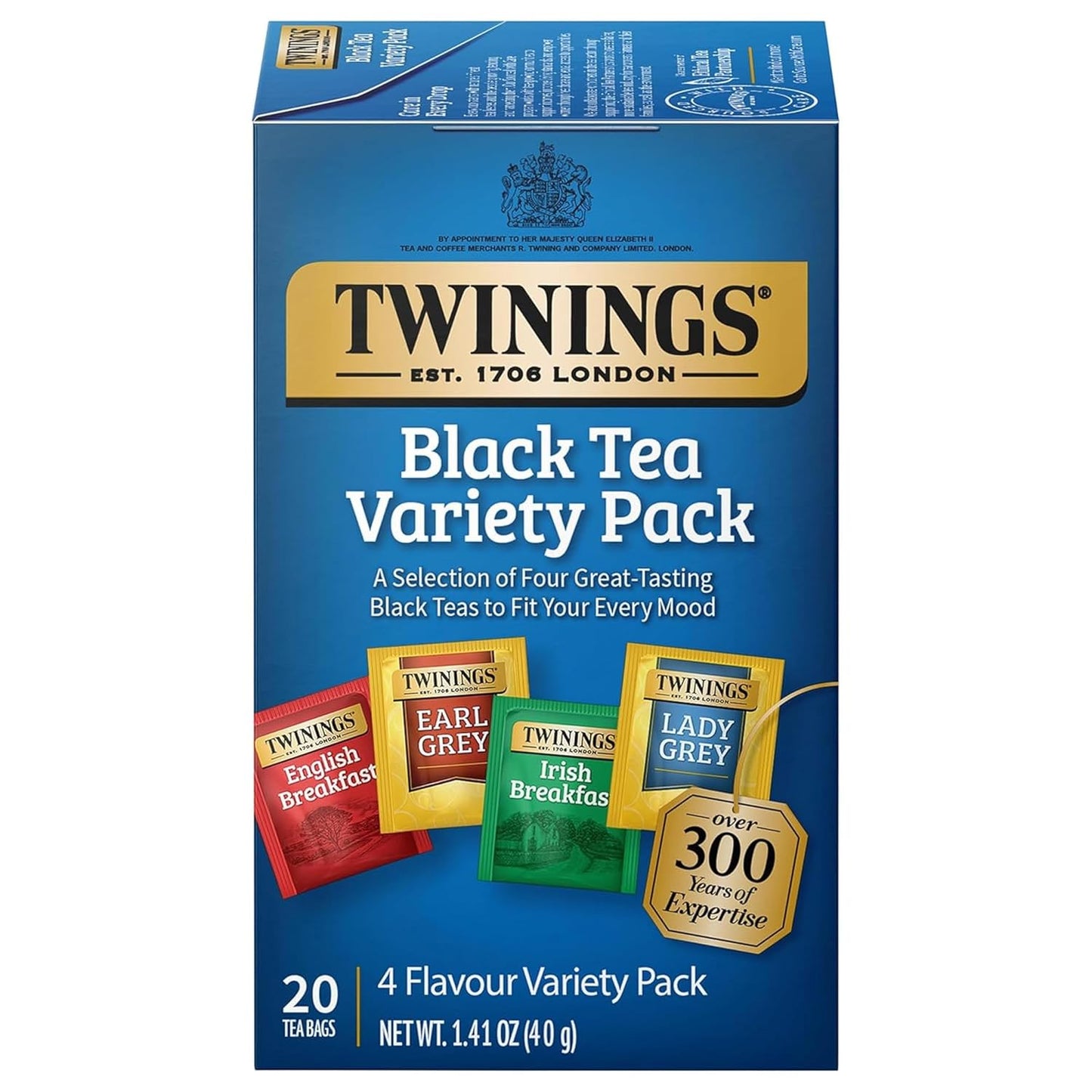 Twinings Variety Pack Black Tea Bags, 20 Count (Pack of 1), Includes English Breakfast, Earl Grey, Irish Breakfast, and Lady Grey, Caffeinated, Enjoy Hot or Iced, 20 Teabags