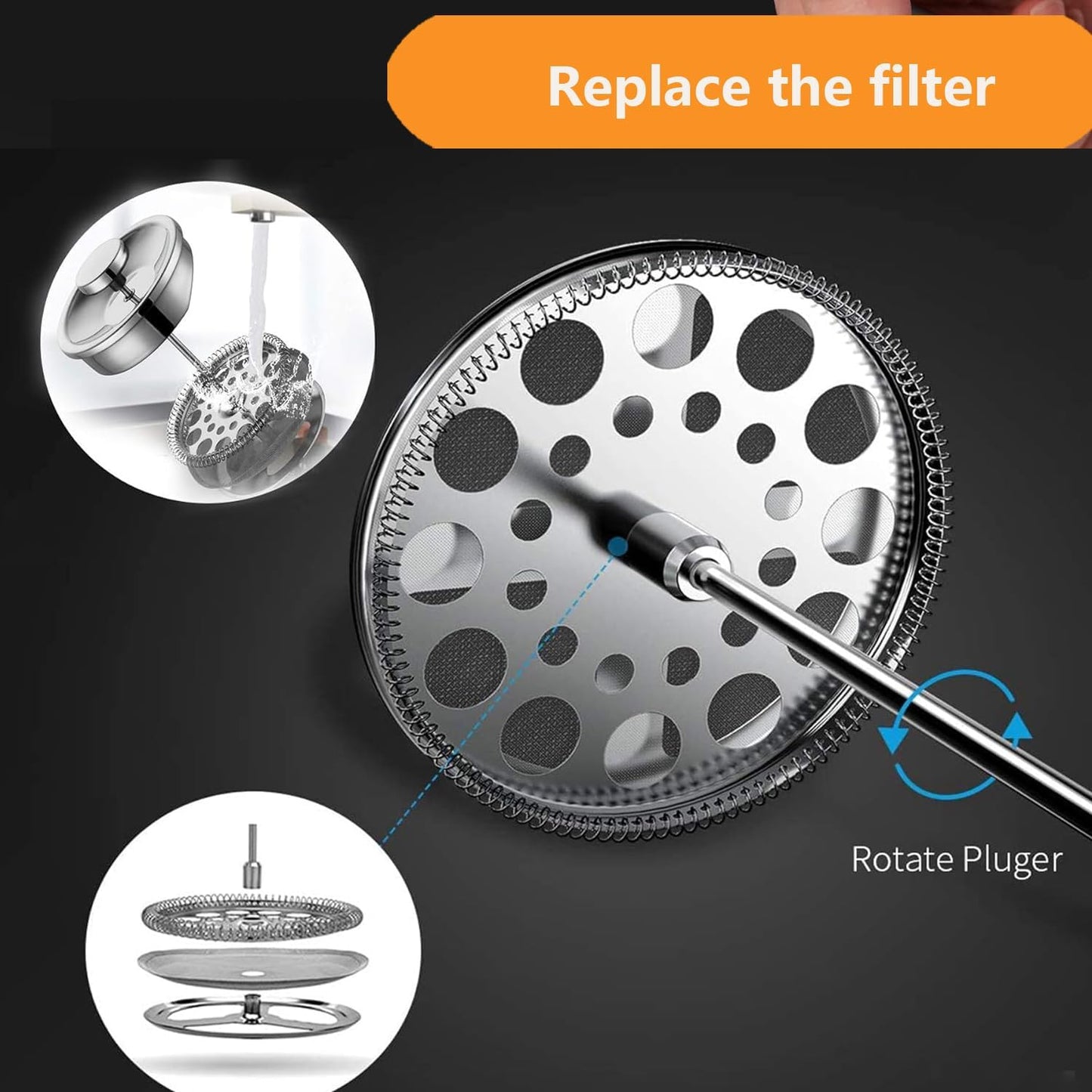 Stainless Steel French Press Coffee Maker 1500ml, Black Double-Wall Insulated Large French Coffee Press for travel camping,Large Capacity （50oz, Black）